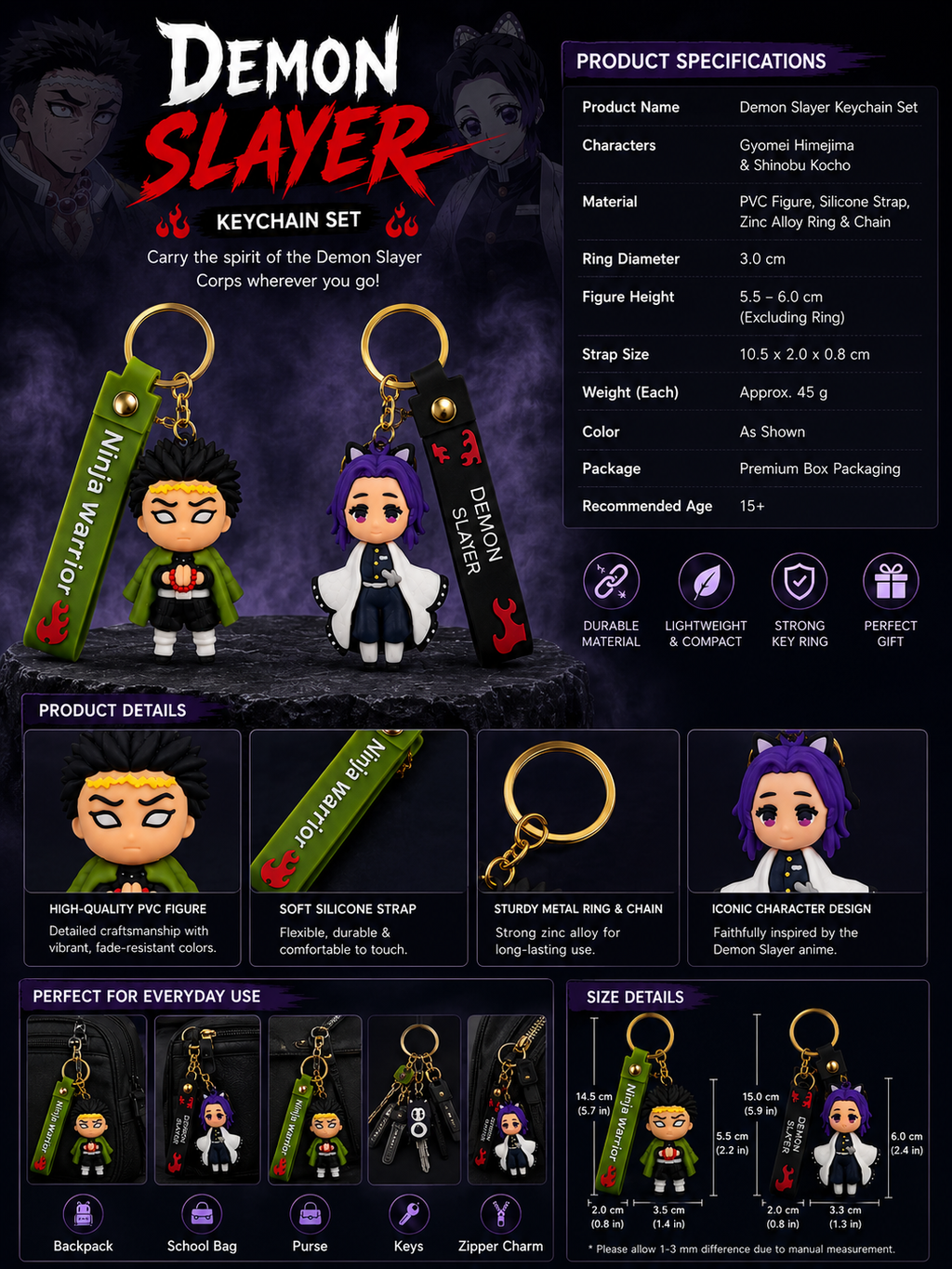 (Pack of 2) Demon Slayer Keychain Set | Gyomei Himejima & Shinobu Kocho Anime Character PVC Keychains with Strap, Metal Ring & Clasp | Bag Charm, Keys, Backpack Accessory & Gift for Fans
