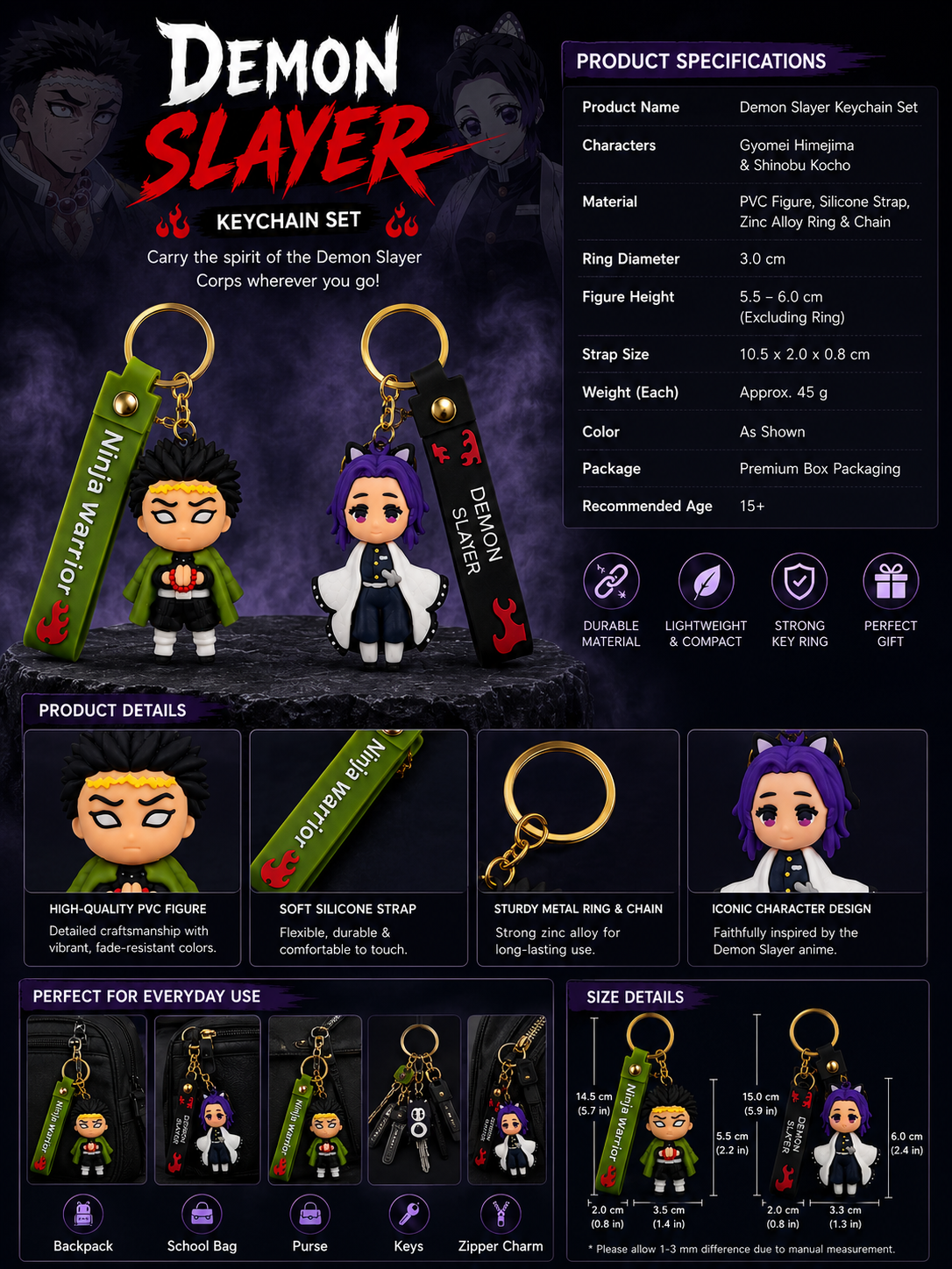 (Pack of 2) Demon Slayer Keychain Set | Gyomei Himejima & Shinobu Kocho Anime Character PVC Keychains with Strap, Metal Ring & Clasp | Bag Charm, Keys, Backpack Accessory & Gift for Fans