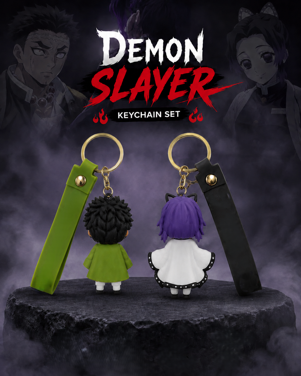 (Pack of 2) Demon Slayer Keychain Set | Gyomei Himejima & Shinobu Kocho Anime Character PVC Keychains with Strap, Metal Ring & Clasp | Bag Charm, Keys, Backpack Accessory & Gift for Fans