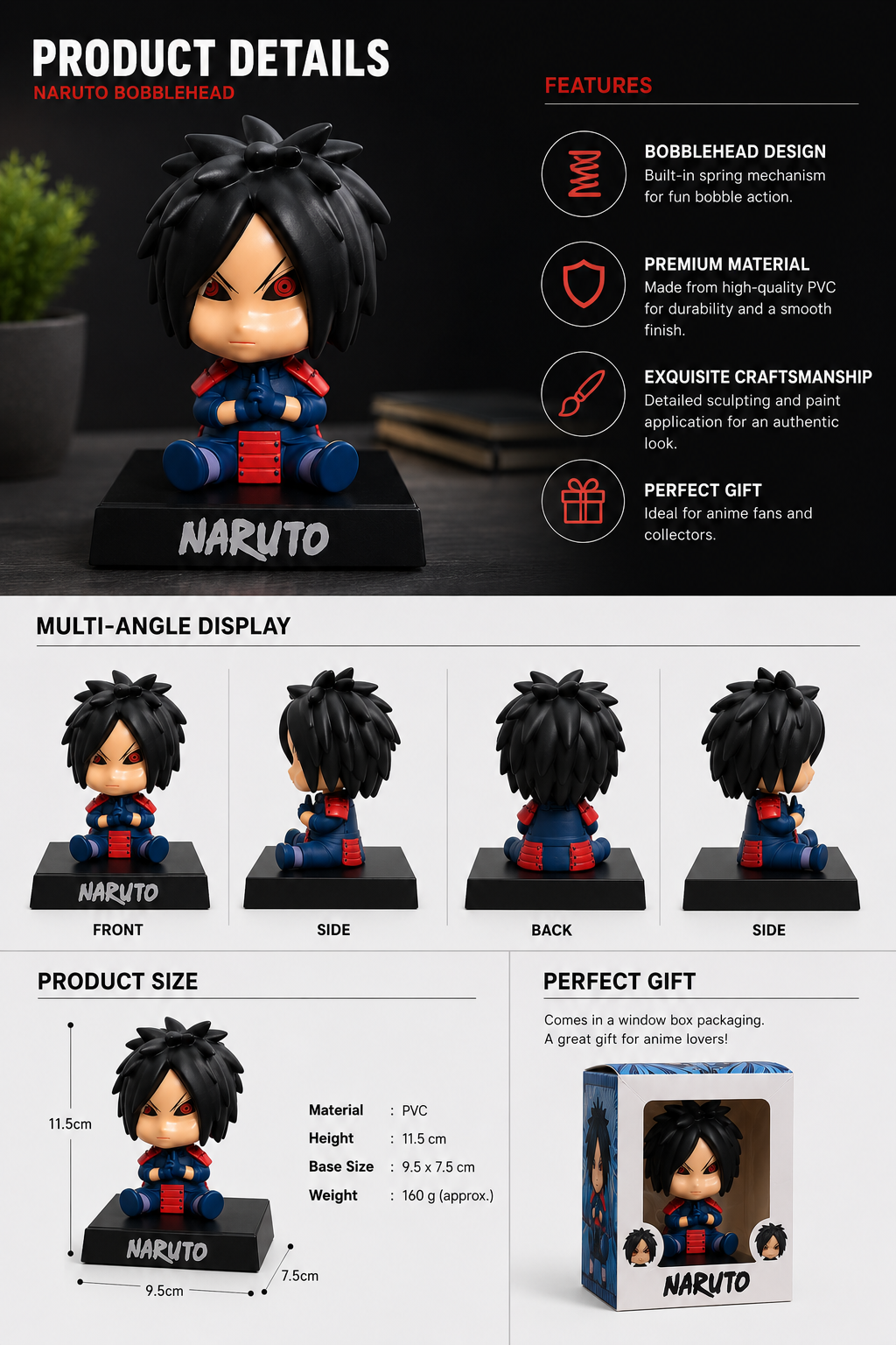 Naruto Madara Uchiha Bobblehead Action Figure | Premium PVC Anime Collectible Toy with Display Stand | Desk Decor, Car Dashboard Figure & Gift for Fans