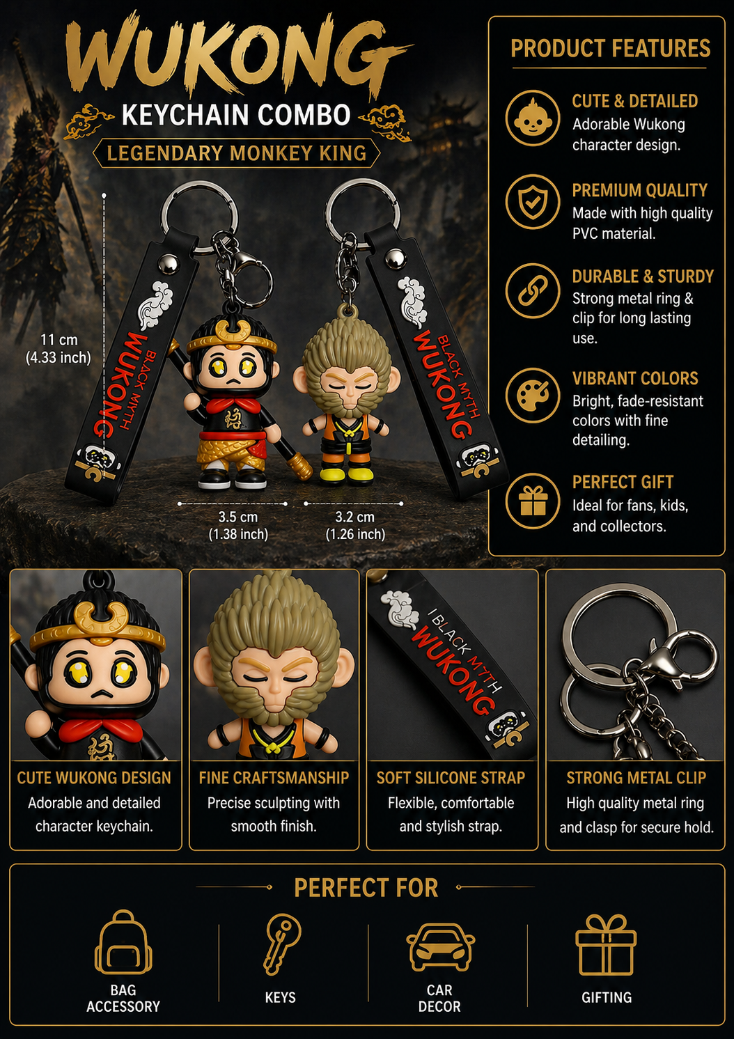 (Pack of 2) Black Myth Wukong Keychain Combo Pack of 2 Monkey King Character Keyring for Keys, Bags & Car Accessories