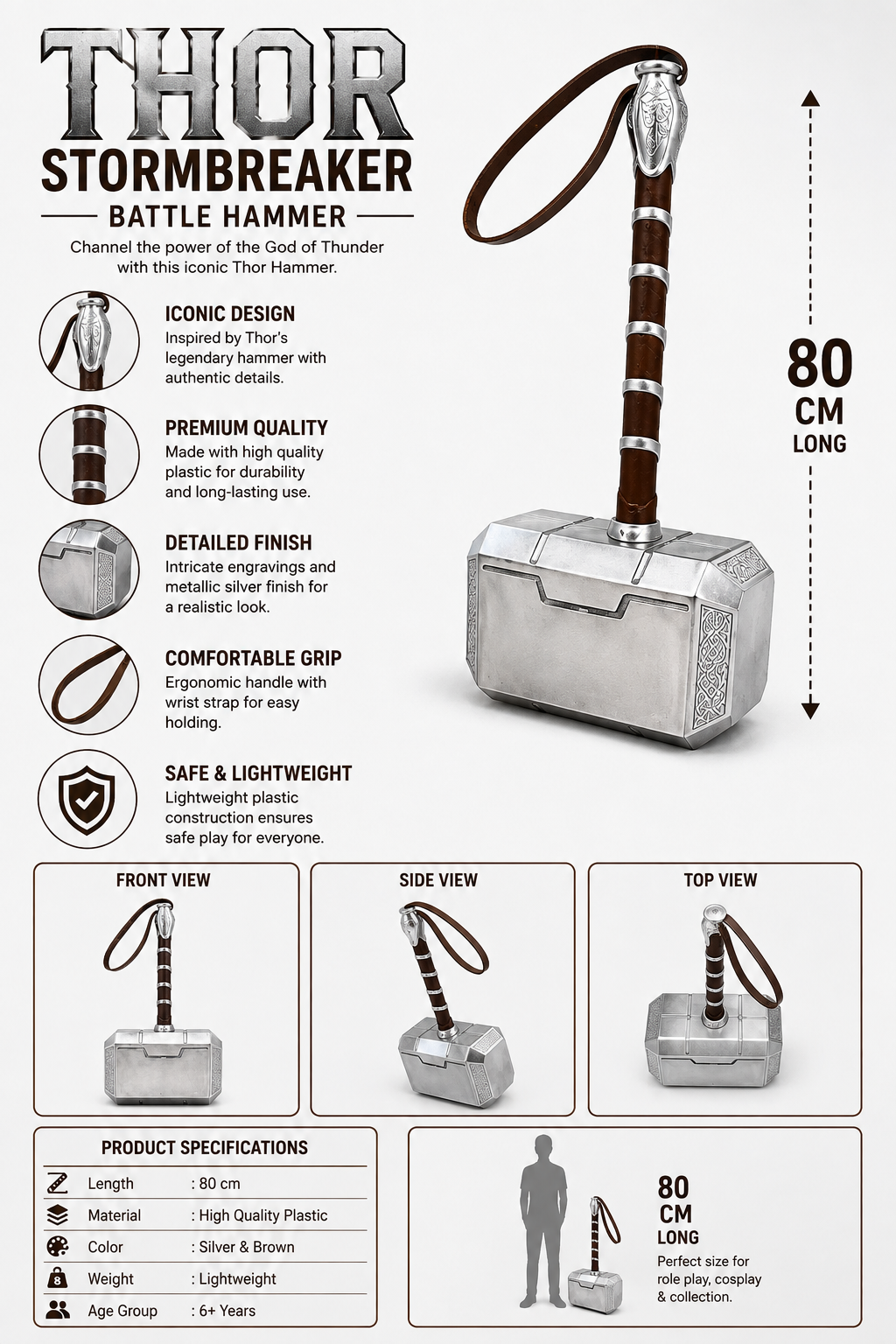 80 CM Thor Hammer Plastic Toy | Mjolnir Superhero Hammer with Premium Metallic Finish | Cosplay Prop, Role Play Toy & Display Collectible