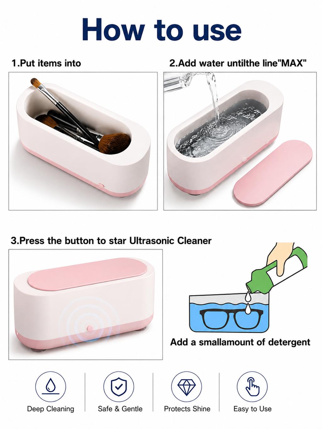 Ultrasonic Jewelry Cleaner Ring Machine Cleaning 46KHz Portable Glasses Watch Device Denture Professional Home for Rings Compact Electric Eyeglass Small Multi Purpose 350ML (Jewelry Cleaner) 2 color available