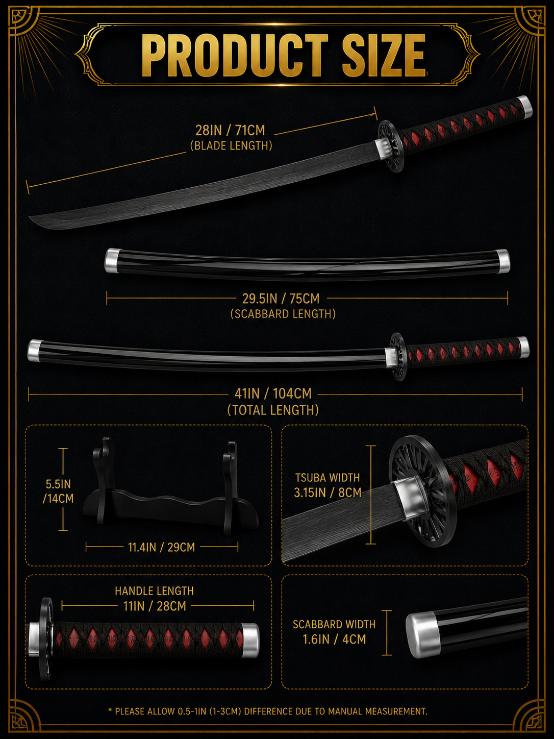 Demon Slayer Tanjiro Wooden Katana Sword 41 Inch | Anime Cosplay Samurai Sword with Scabbard & Display Stand | Tanjiro Kamado Collectible Prop for Fans, Decor & Gifting