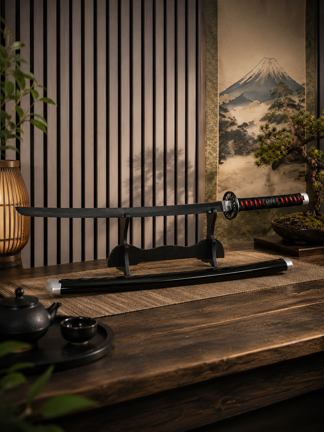 Demon Slayer Tanjiro Wooden Katana Sword 41 Inch | Anime Cosplay Samurai Sword with Scabbard & Display Stand | Tanjiro Kamado Collectible Prop for Fans, Decor & Gifting