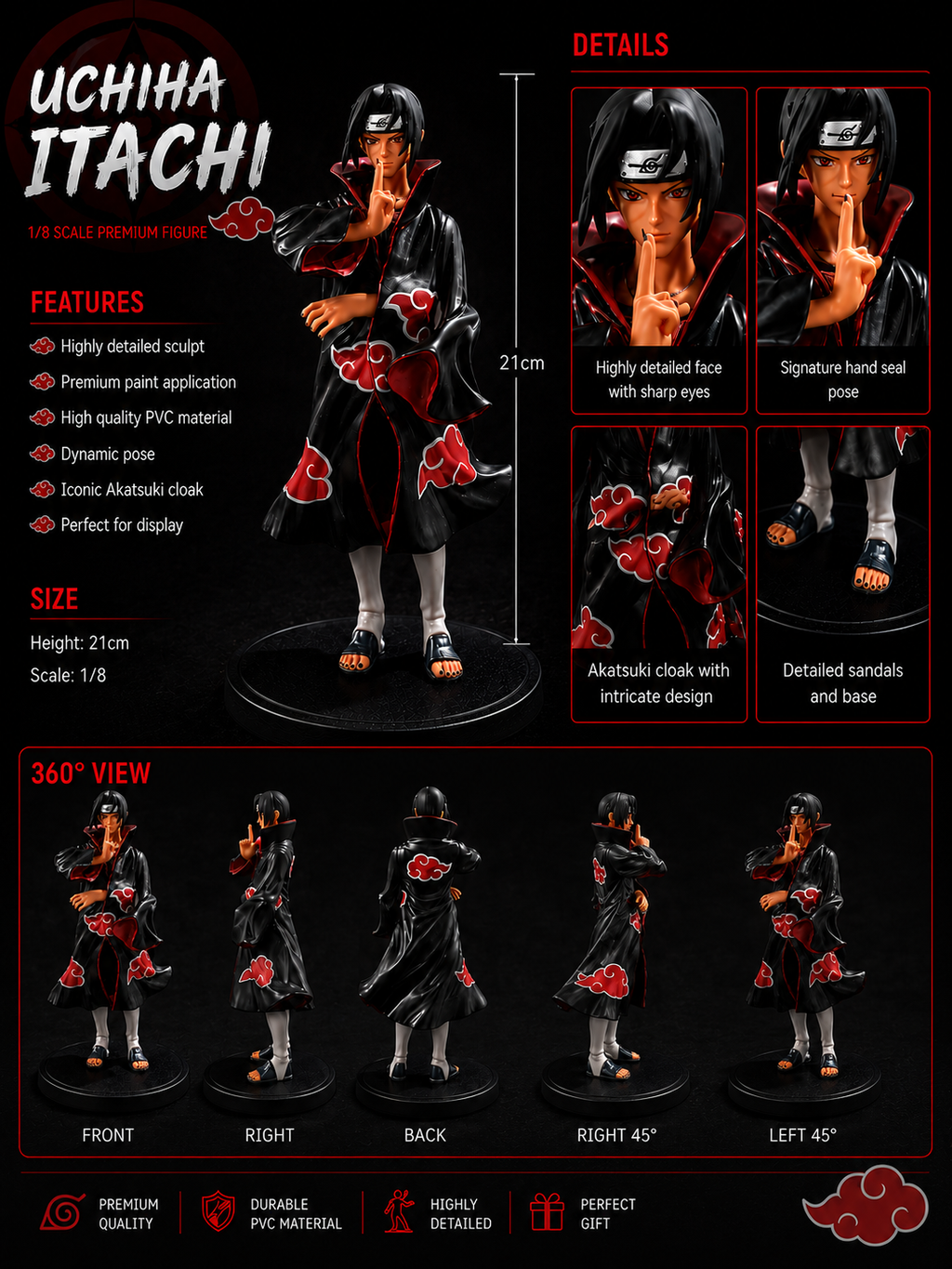 Uchiha Itachi Action Figure | Naruto Shippuden Anime Collectible Statue with Display Base | Premium PVC Character Figure for Anime Fans, Kids, Gamers, Desk Decor & Gifting
