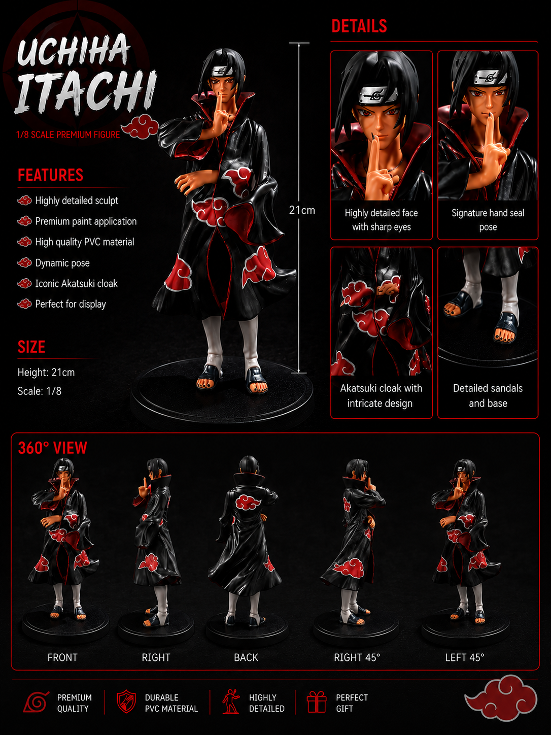 Uchiha Itachi Action Figure | Naruto Shippuden Anime Collectible Statue with Display Base | Premium PVC Character Figure for Anime Fans, Kids, Gamers, Desk Decor & Gifting