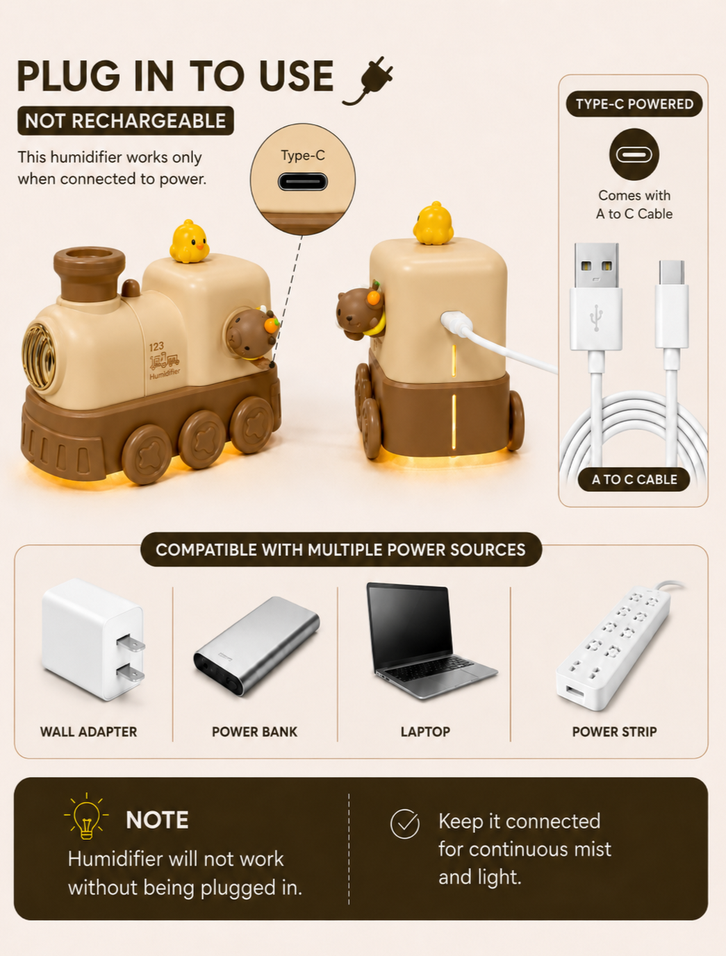 World Gift Mart Cute Train Humidifier with LED Night Light & Aroma Diffuser|10ml Aroma Oil Free Room Air Purifier Diffuser (Brown)