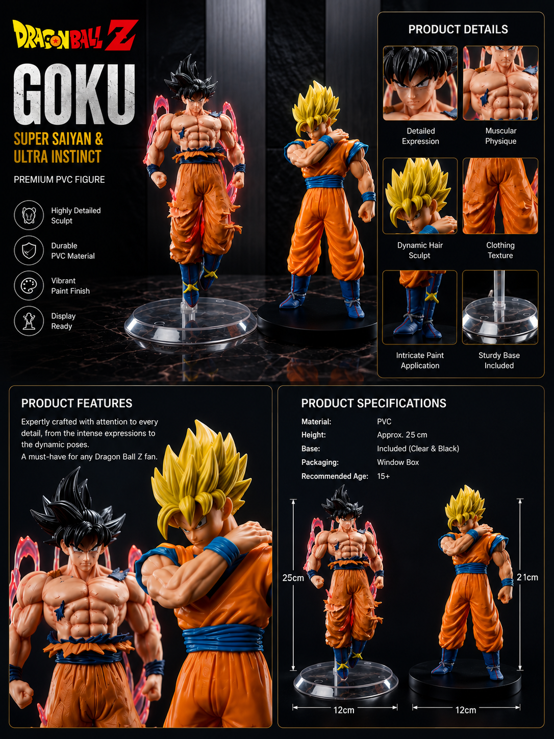 (Pack of 2) Dragon Ball Z Goku Super Saiyan & Ultra Instinct Action Figure Combo Set | Pack of 2 Premium PVC Anime Collectible Statues with Display Stand for Desk Decor & Gifts