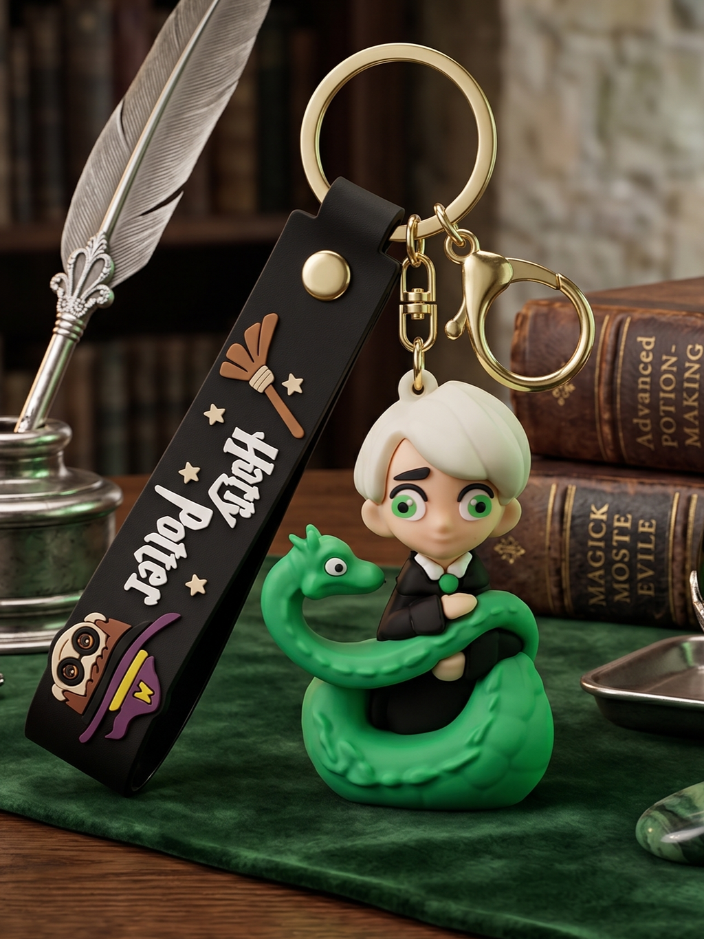 World Gift Mart Draco Malfoy-Inspired Chibi Keychain with Green Snake–Cute PVC Wizard Keyring Key Chain