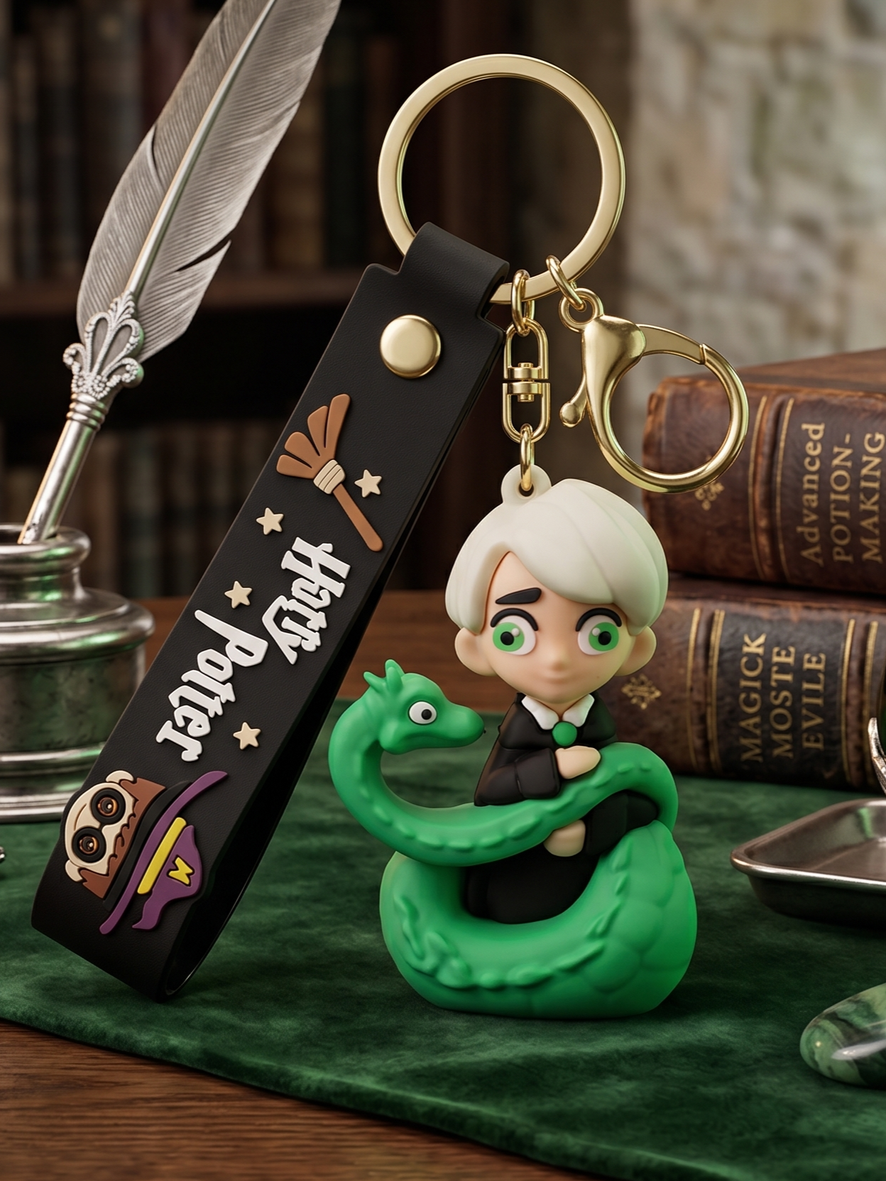 World Gift Mart Draco Malfoy-Inspired Chibi Keychain with Green Snake–Cute PVC Wizard Keyring Key Chain