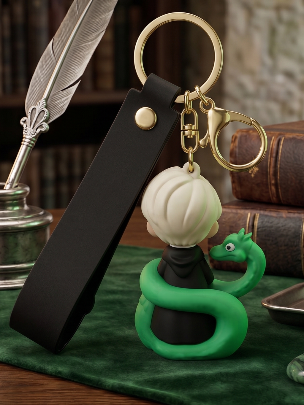 World Gift Mart Draco Malfoy-Inspired Chibi Keychain with Green Snake–Cute PVC Wizard Keyring Key Chain