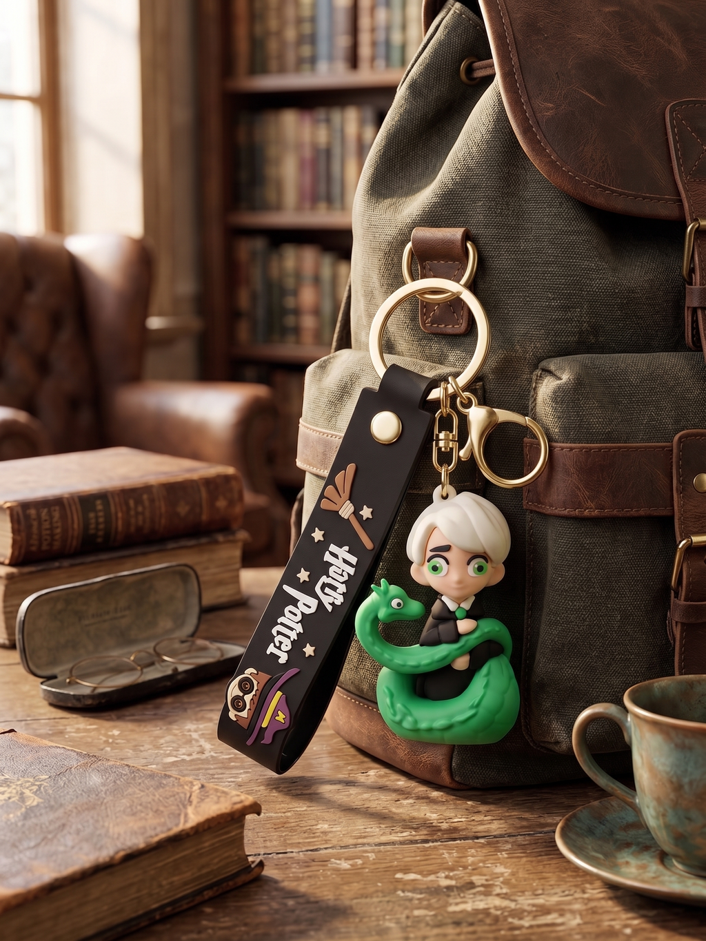 World Gift Mart Draco Malfoy-Inspired Chibi Keychain with Green Snake–Cute PVC Wizard Keyring Key Chain