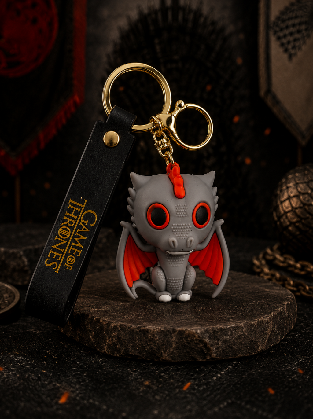 Game of Thrones Dragon Keychain | Fantasy Dragon PVC Charm Key Ring with Black Strap & Gold Metal Clasp | Premium Collectible Bag Charm for Keys, Backpack, Car Keys, Fans & Gifting