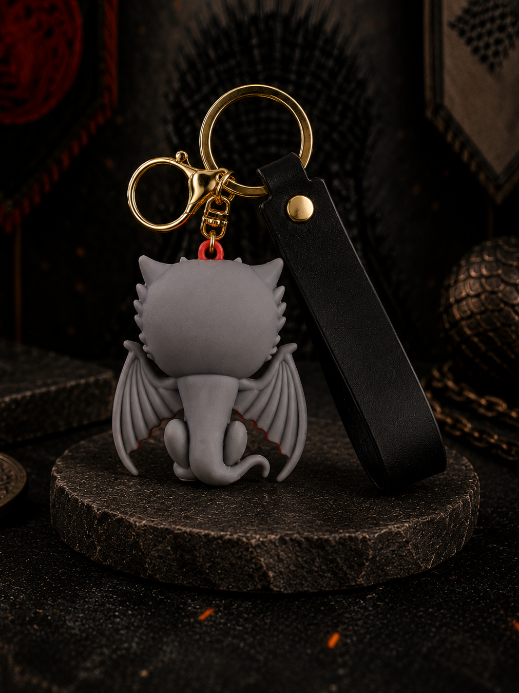 Game of Thrones Dragon Keychain | Fantasy Dragon PVC Charm Key Ring with Black Strap & Gold Metal Clasp | Premium Collectible Bag Charm for Keys, Backpack, Car Keys, Fans & Gifting
