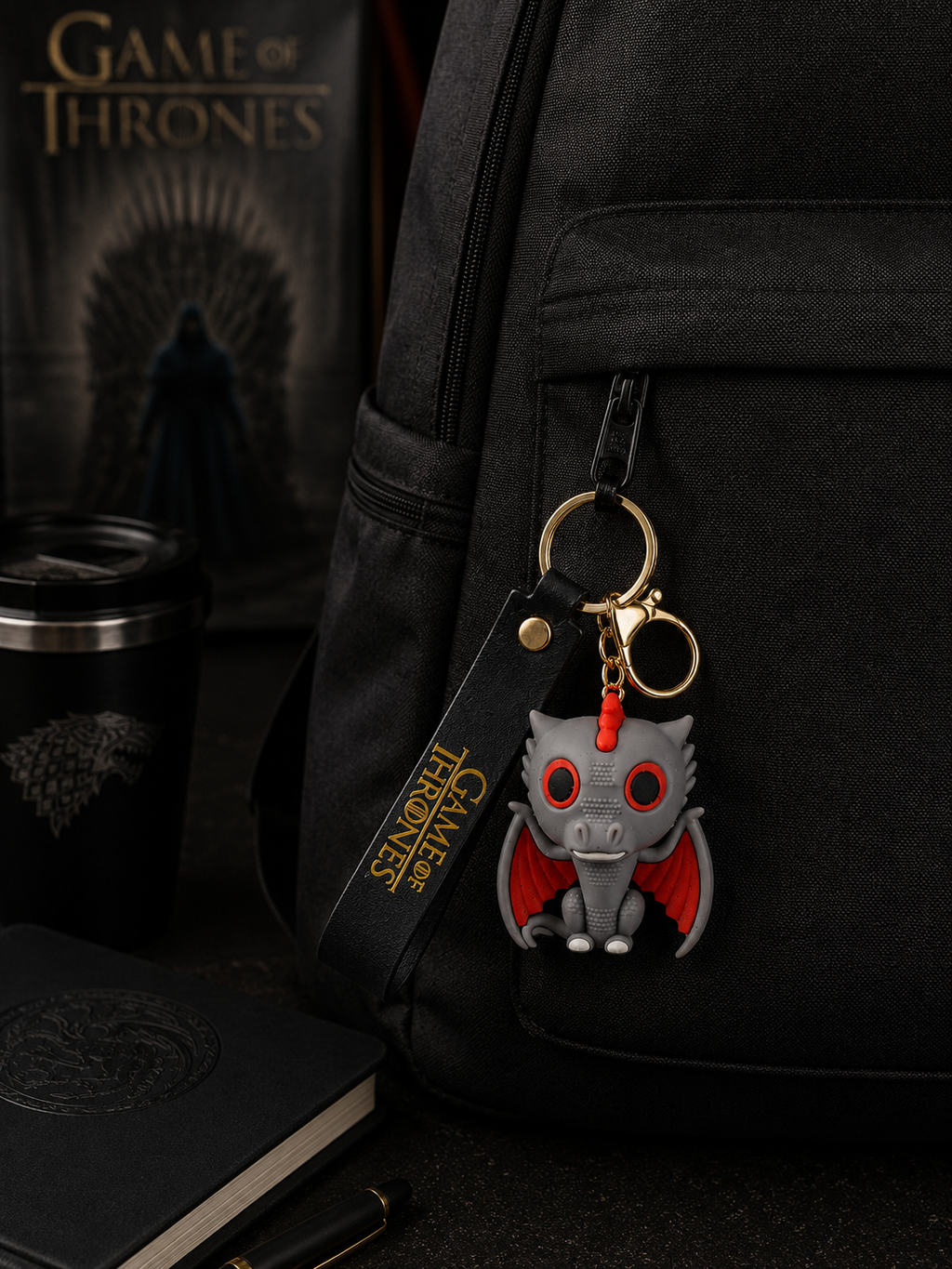 Game of Thrones Dragon Keychain | Fantasy Dragon PVC Charm Key Ring with Black Strap & Gold Metal Clasp | Premium Collectible Bag Charm for Keys, Backpack, Car Keys, Fans & Gifting