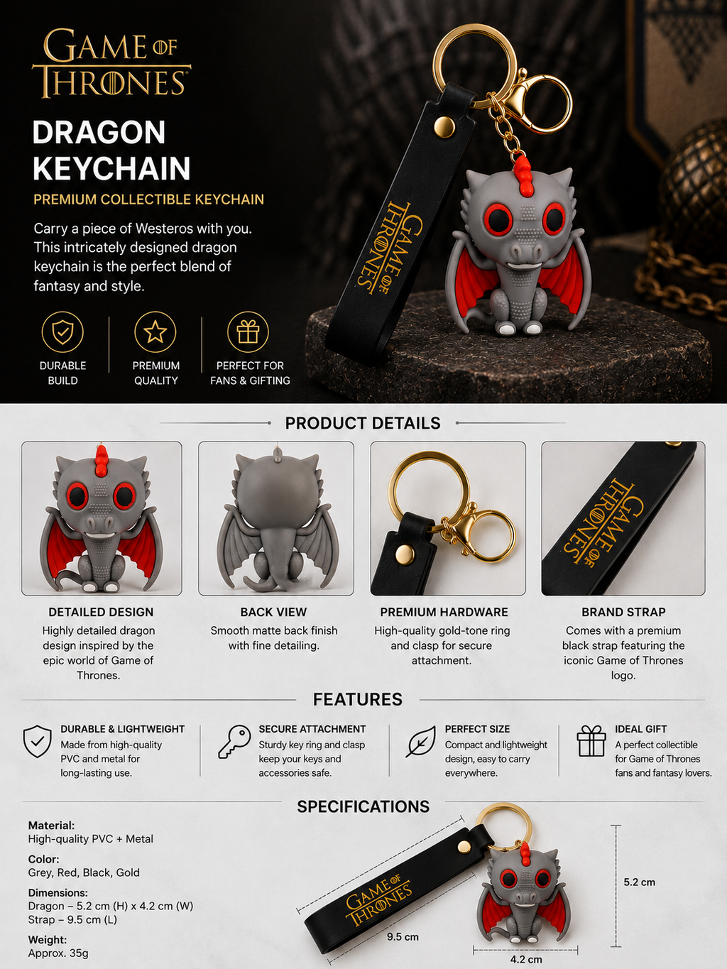 Game of Thrones Dragon Keychain | Fantasy Dragon PVC Charm Key Ring with Black Strap & Gold Metal Clasp | Premium Collectible Bag Charm for Keys, Backpack, Car Keys, Fans & Gifting