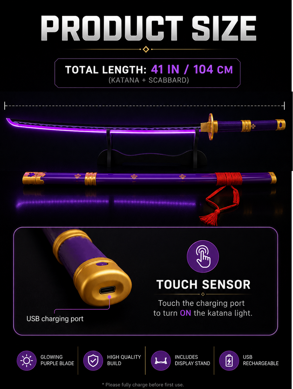 One Piece Enma Katana Sword | Roronoa Zoro Inspired Purple LED Samurai Sword with USB Rechargeable Touch Sensor Light & Display Stand for Anime Fans