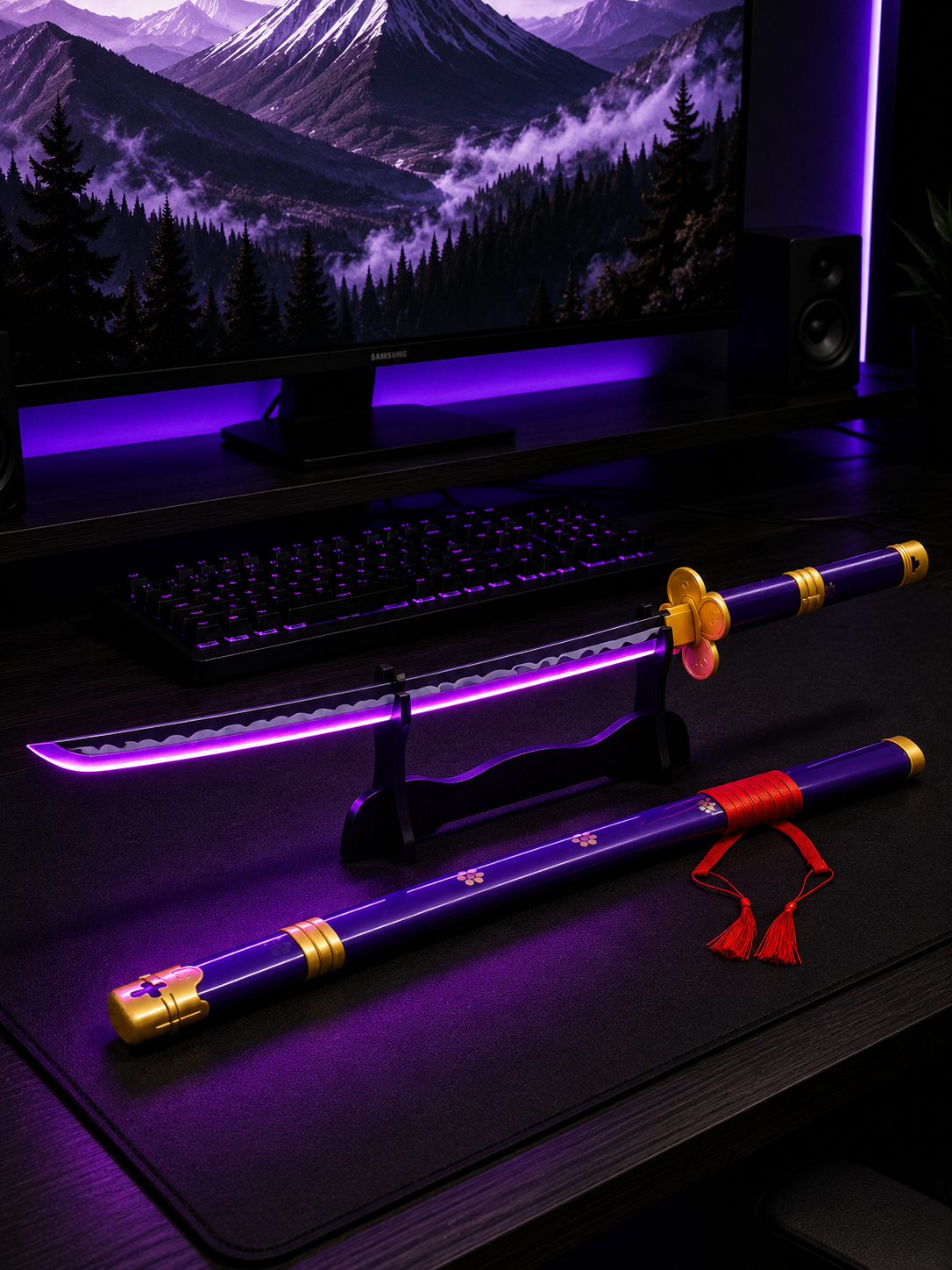One Piece Enma Katana Sword | Roronoa Zoro Inspired Purple LED Samurai Sword with USB Rechargeable Touch Sensor Light & Display Stand for Anime Fans