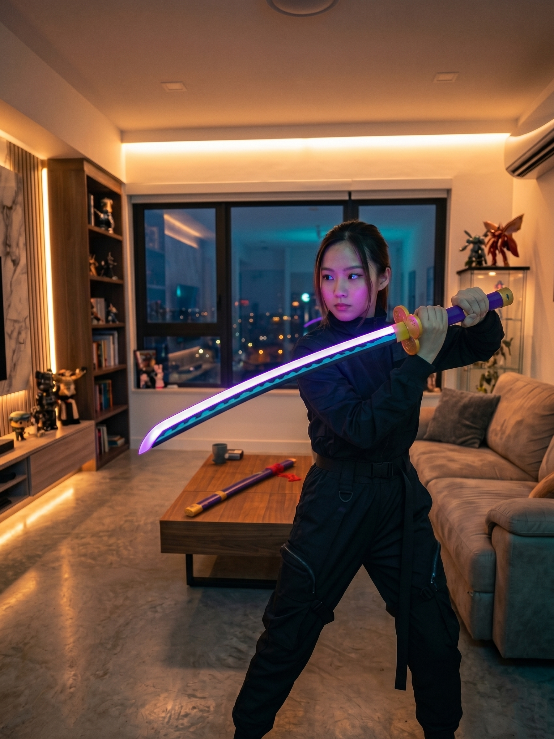 One Piece Enma Katana Sword | Roronoa Zoro Inspired Purple LED Samurai Sword with USB Rechargeable Touch Sensor Light & Display Stand for Anime Fans