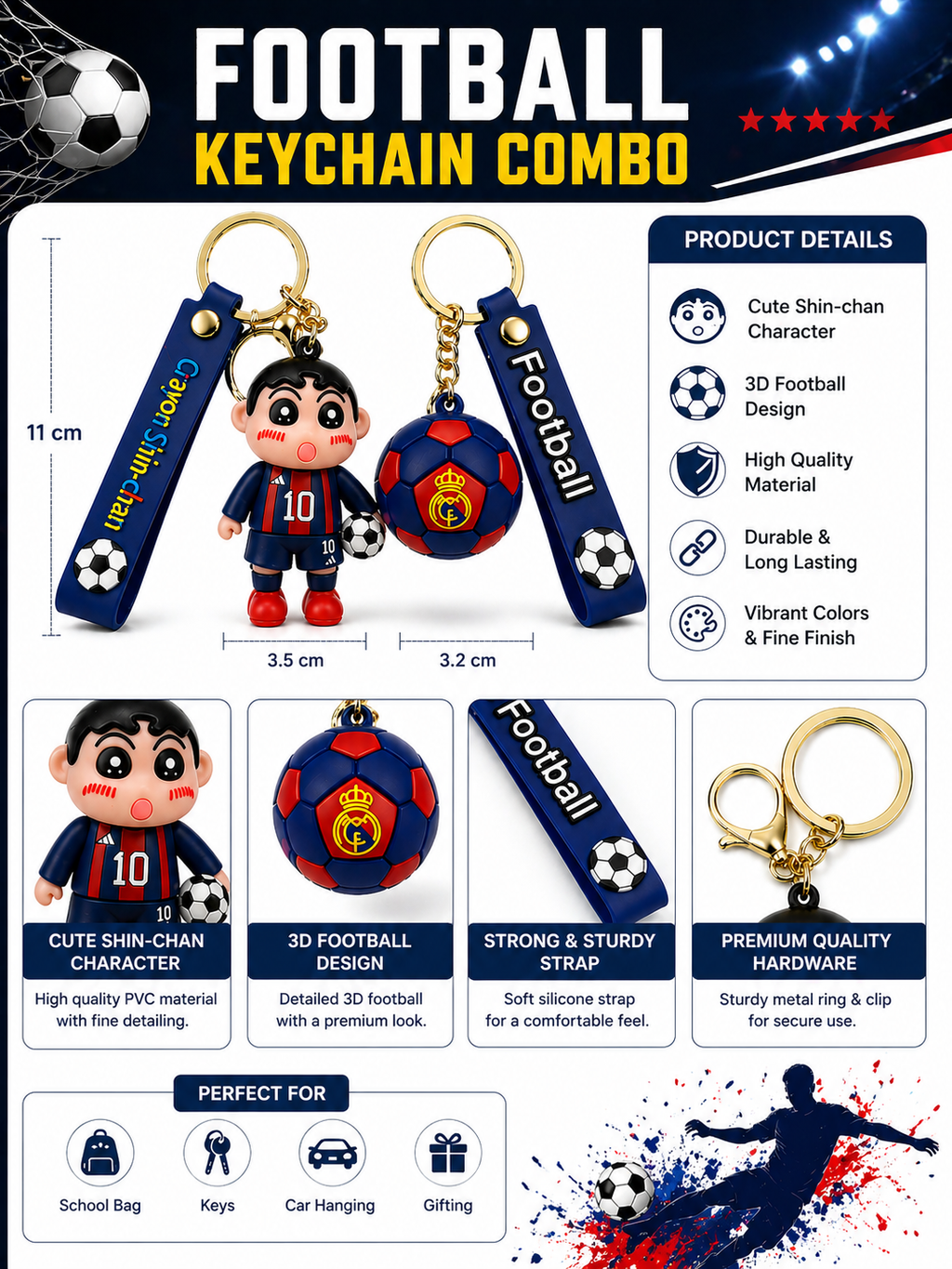 (Pack of 2) Shinchan Football Keychain Combo | Cute Cartoon Character & Football Charm Keyring with Soft Silicone Strap | Bag Accessory, Car Keychain & Gift for Kids