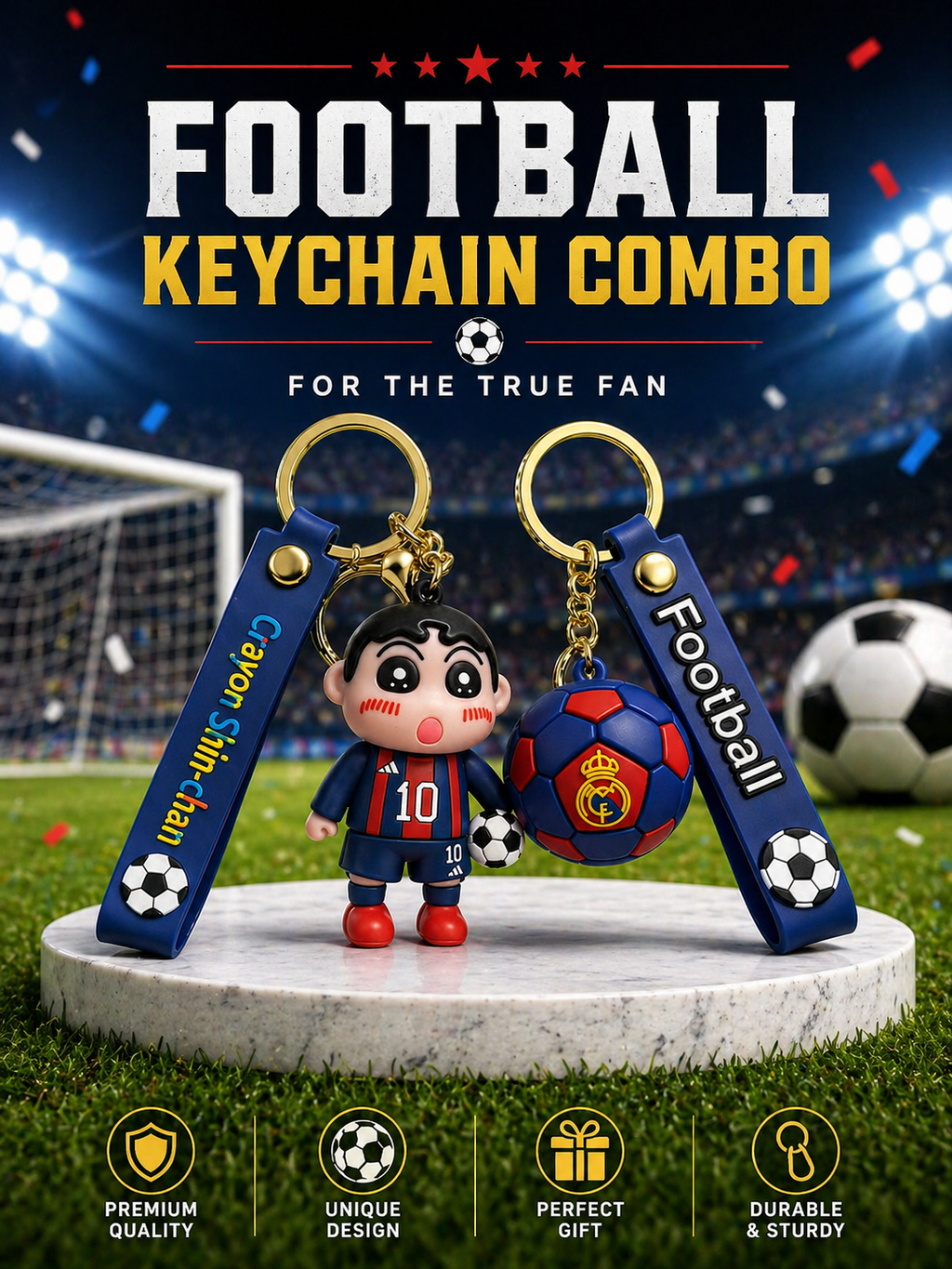 (Pack of 2) Shinchan Football Keychain Combo | Cute Cartoon Character & Football Charm Keyring with Soft Silicone Strap | Bag Accessory, Car Keychain & Gift for Kids