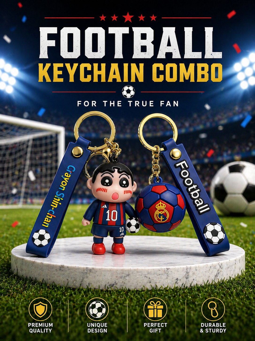 (Pack of 2) Shinchan Football Keychain Combo | Cute Cartoon Character & Football Charm Keyring with Soft Silicone Strap | Bag Accessory, Car Keychain & Gift for Kids