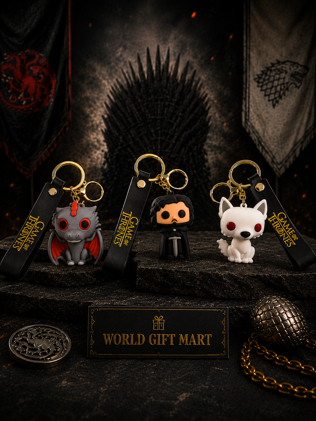 (Pack of 3) Game of Thrones 3 Piece Keychain Combo | Dragon, Jon Snow & Wolf Character Keyrings with Gold Metal Ring & Black Strap | Collectible Gift Set for Fans