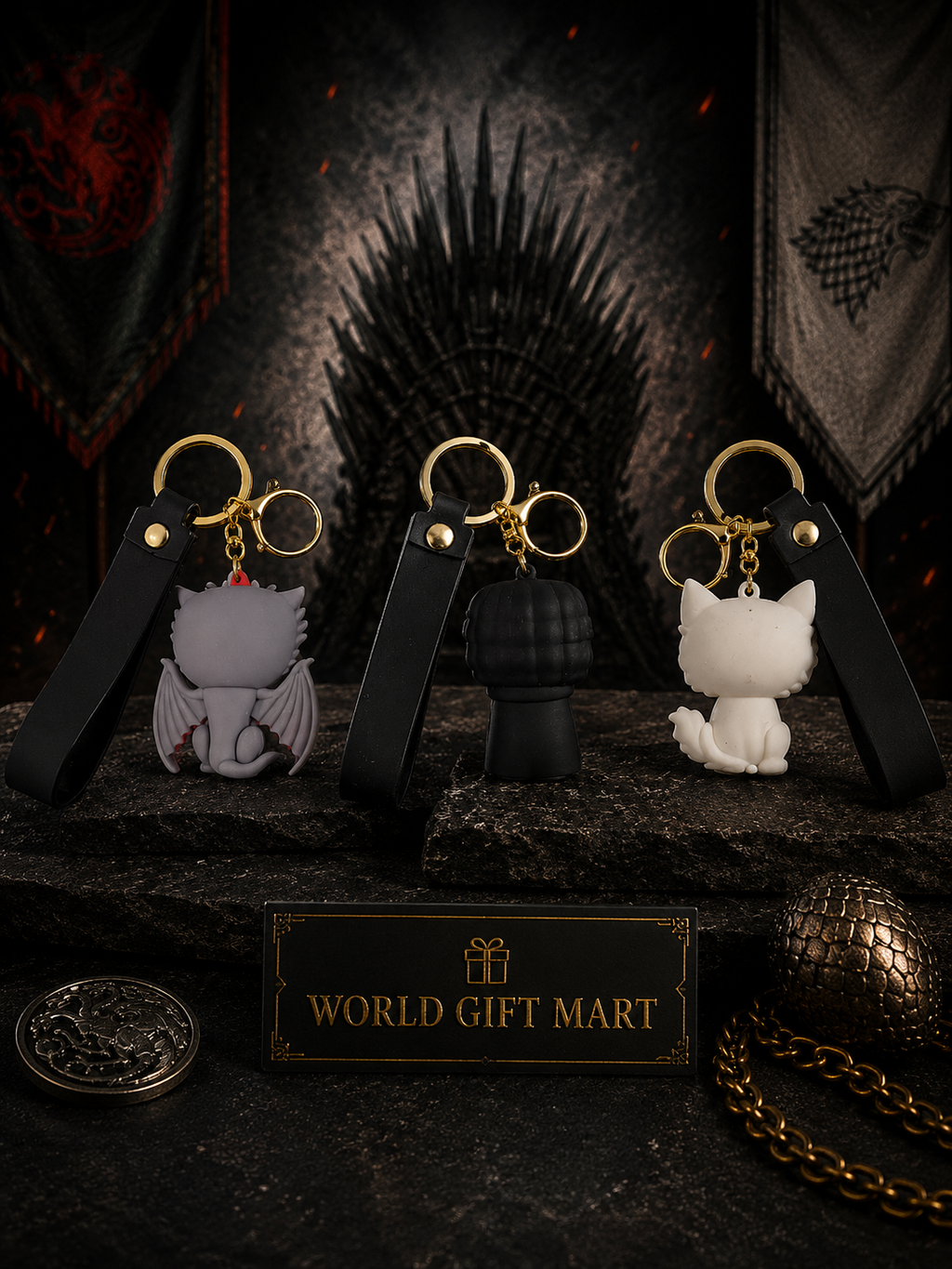 (Pack of 3) Game of Thrones 3 Piece Keychain Combo | Dragon, Jon Snow & Wolf Character Keyrings with Gold Metal Ring & Black Strap | Collectible Gift Set for Fans