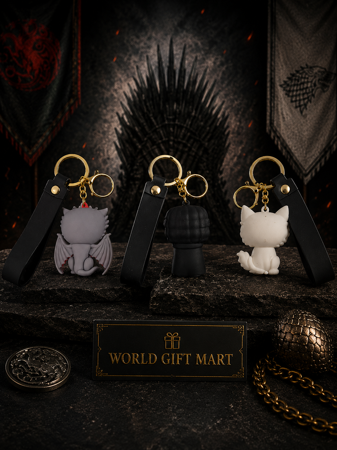 (Pack of 3) Game of Thrones 3 Piece Keychain Combo | Dragon, Jon Snow & Wolf Character Keyrings with Gold Metal Ring & Black Strap | Collectible Gift Set for Fans