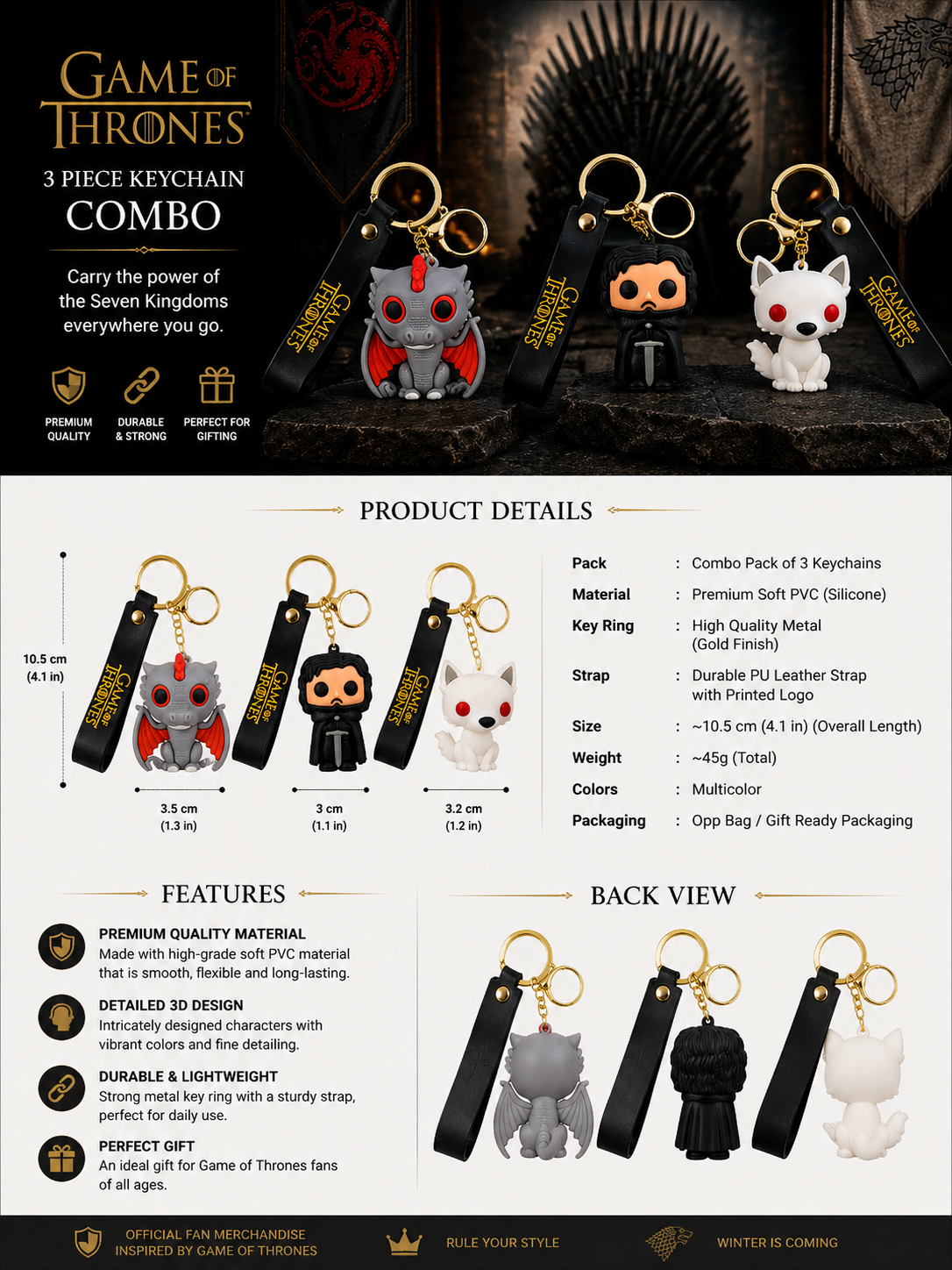 (Pack of 3) Game of Thrones 3 Piece Keychain Combo | Dragon, Jon Snow & Wolf Character Keyrings with Gold Metal Ring & Black Strap | Collectible Gift Set for Fans