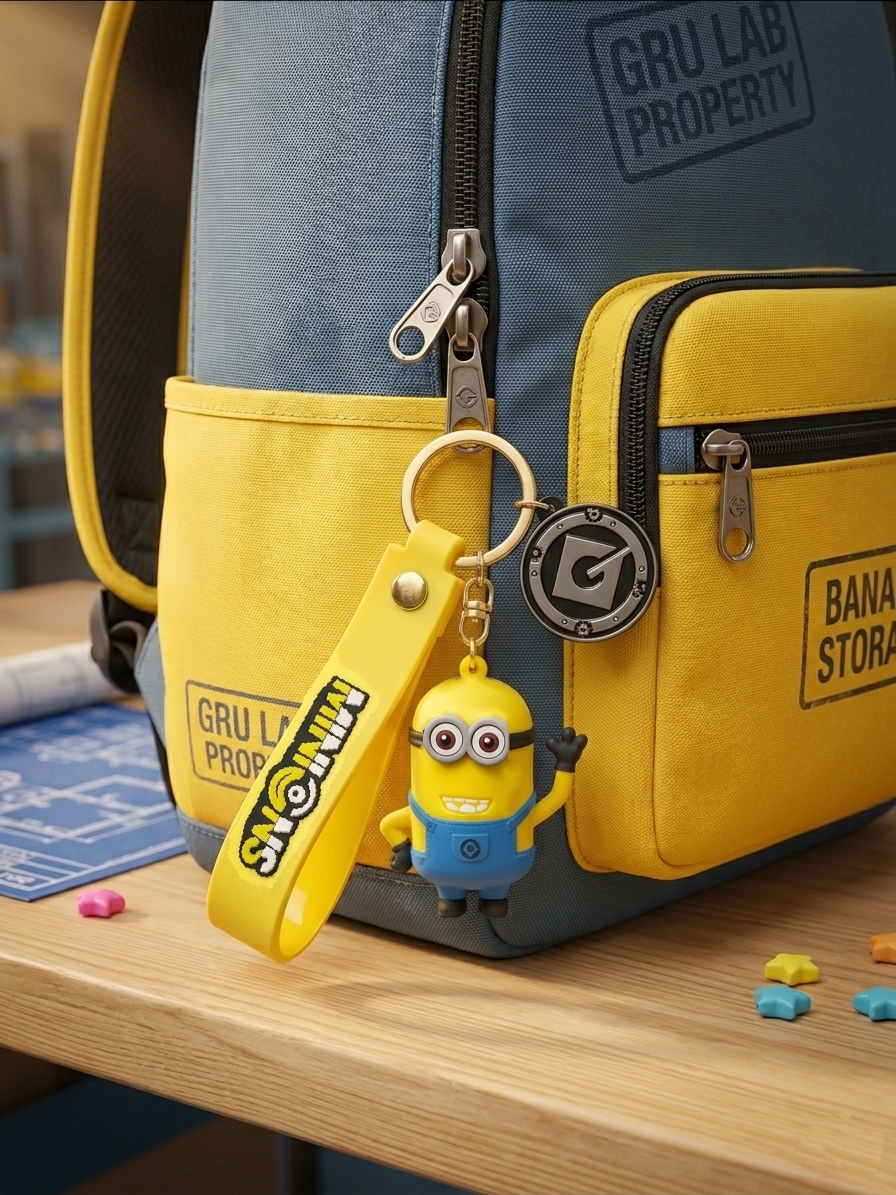 Minion Character Keychain for Kids | Cute PVC Figurine Charm with Yellow Silicone Strap & Gold Metal Key Ring | Backpack, Keys, Car Hanging & Gifting