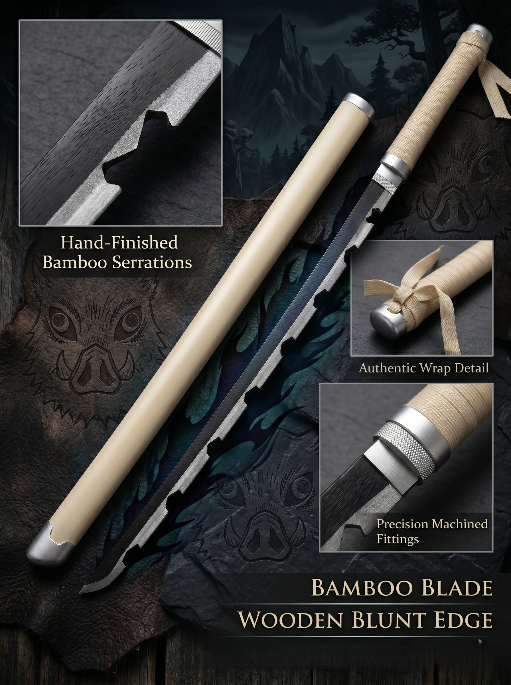 Demon Slayer Inosuke Wooden Katana 41 Inch | Beast Hashira Inspired Anime Samurai Sword Prop with Stand | Decorative Cosplay Collectible for Anime Fans