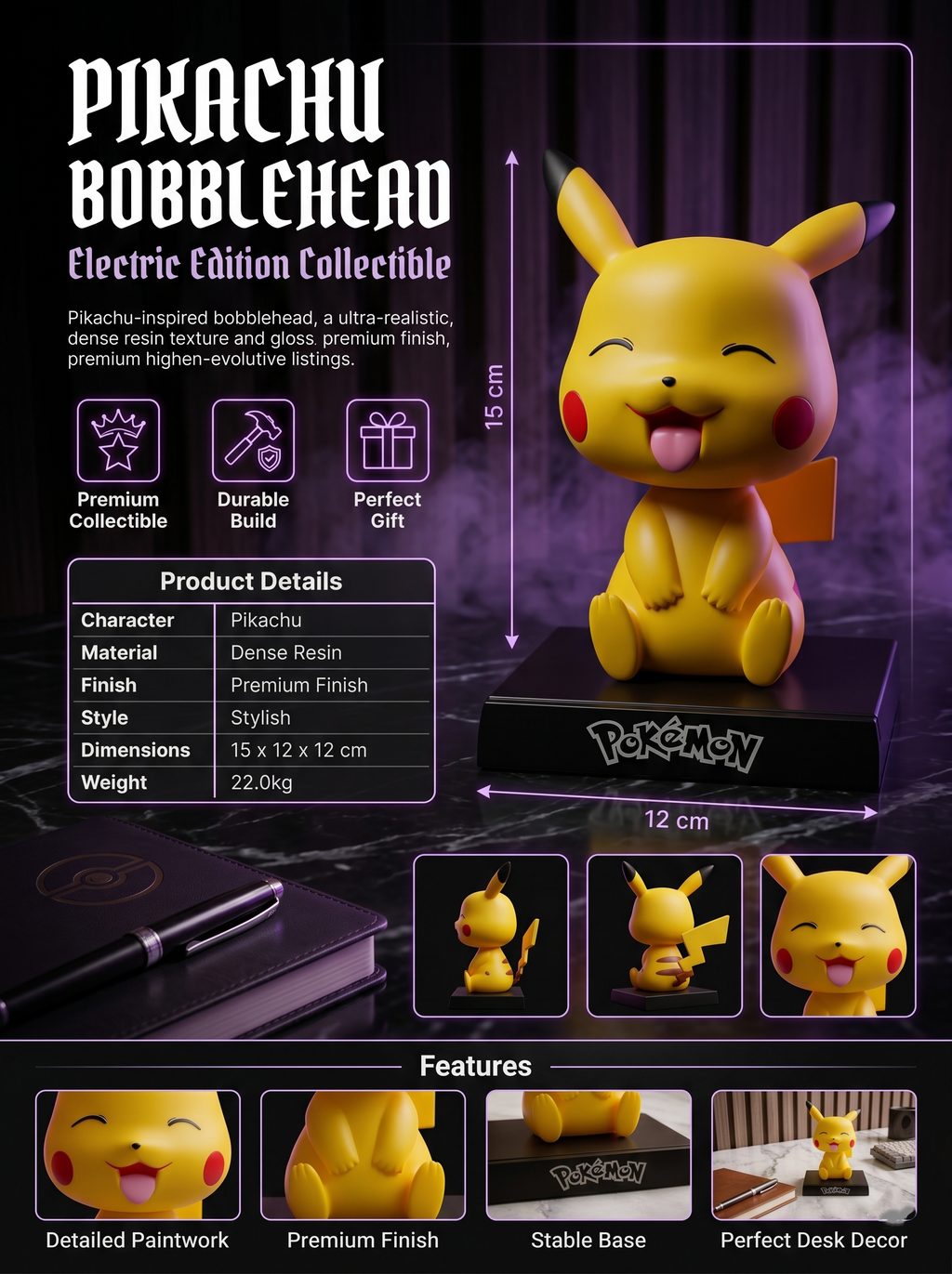 Pikachu Bobblehead Figure | Pokémon Electric Character Collectible Statue with Stable Display Base | Premium Resin Desk Decor Toy for Anime Fans, Kids, Car Dashboard & Gifting