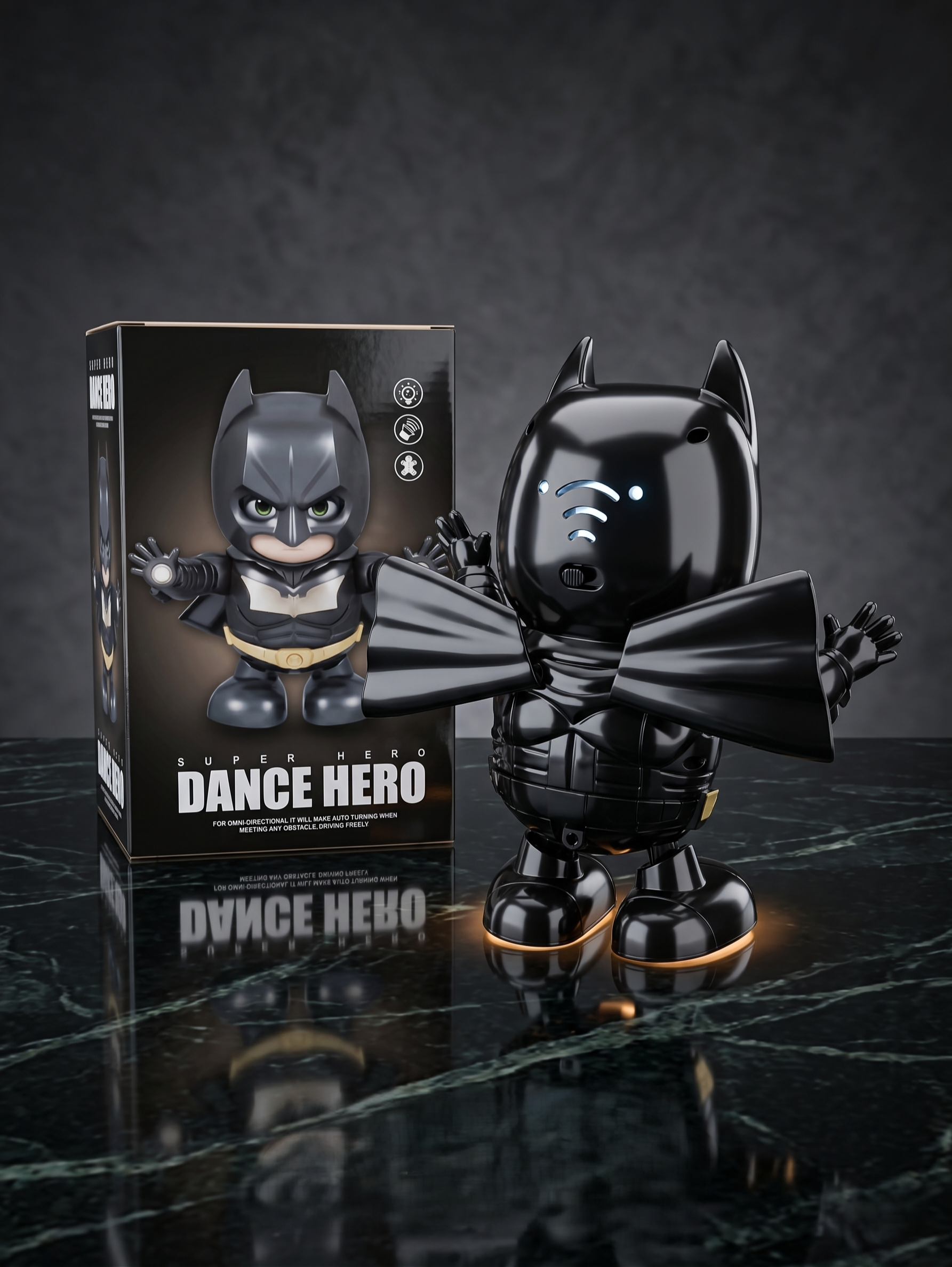 Batman Dance Hero Interactive Chibi Toy | LED Light &amp; Music Dancing Figure with 360° Rotating Movement | Cute Batman Action Figure Toy for Kids, Desk Decor, Birthday Gift &amp; Collectors