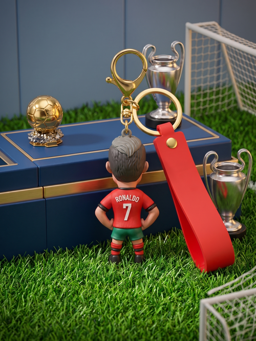 CR7 Inspired Football Player Keychain | Red Soccer Jersey PVC Figure Charm with Silicone Strap & Zinc Alloy Hardware | Backpack, Keys, Car Decor & Gift for Fans