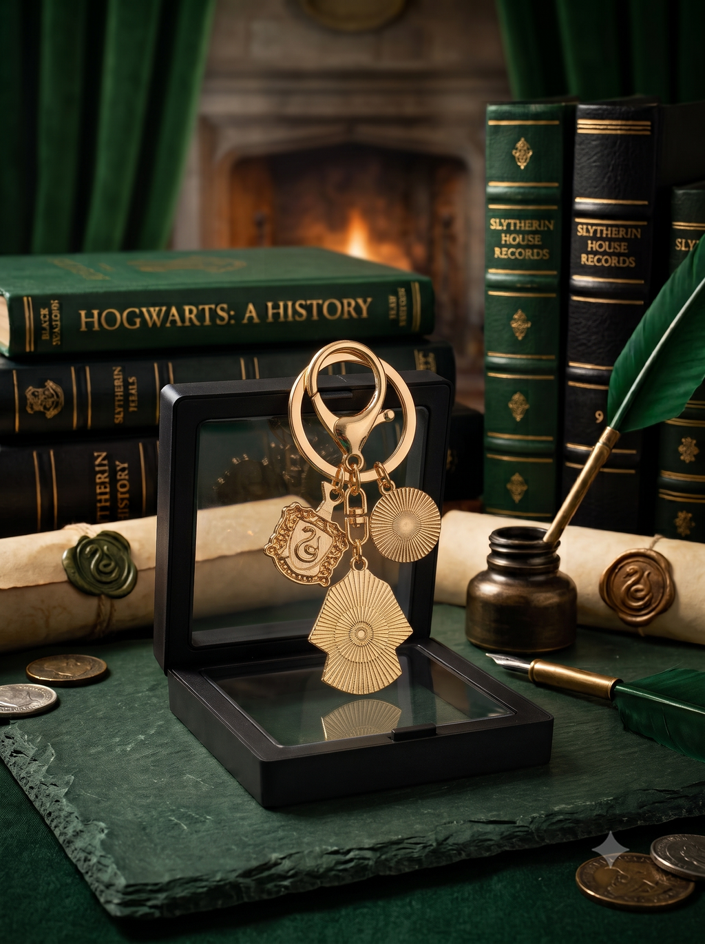 Premium Hogwarts Slytherin Keychain | Harry Potter Inspired House Crest, Platform 9¾ & Uniform Charm Keyring with Gift Box | Stylish Bag Charm for Fans, Keys, Backpack & Birthday Gift