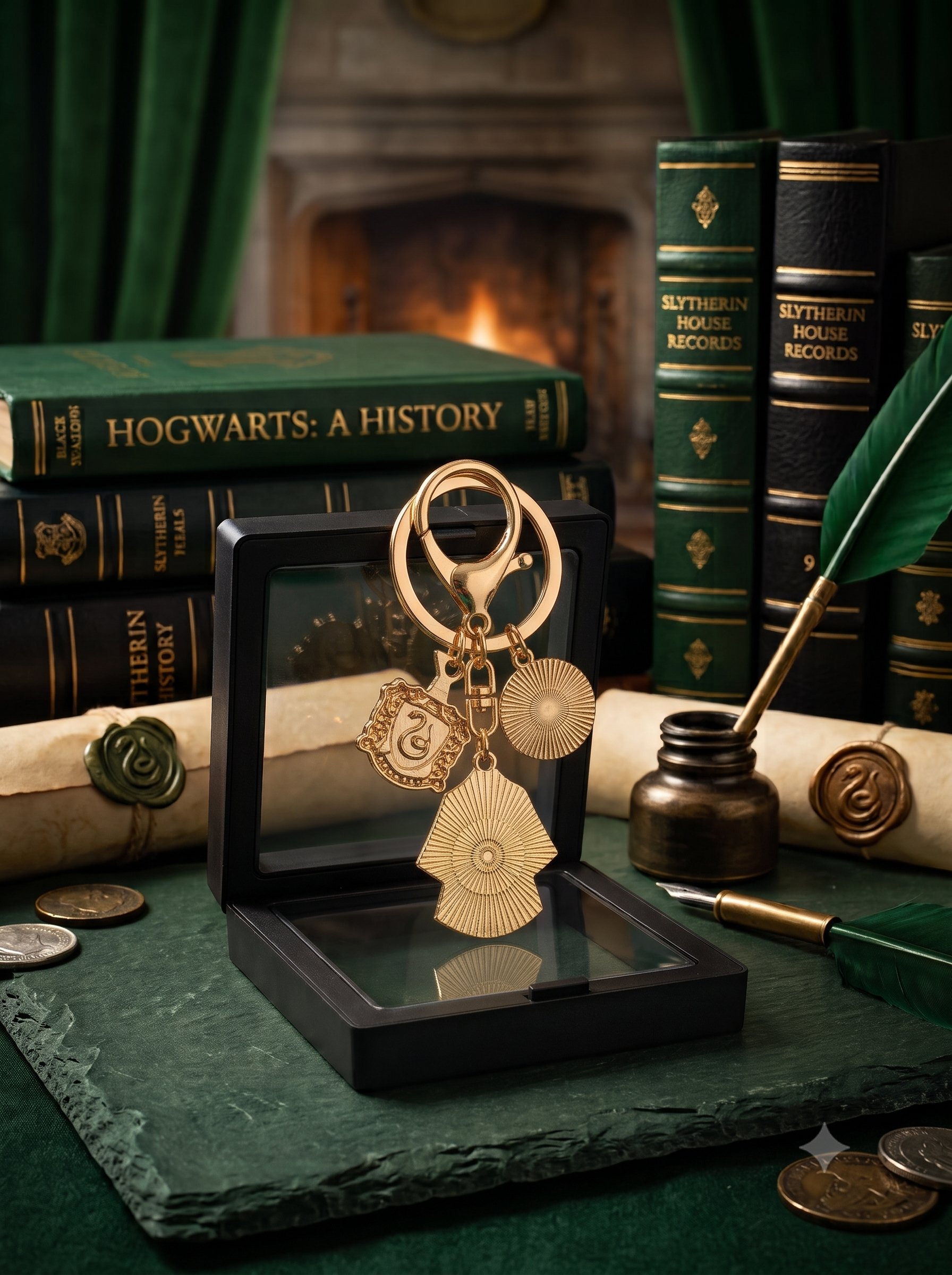 Premium Hogwarts Slytherin Keychain | Harry Potter Inspired House Crest, Platform 9¾ & Uniform Charm Keyring with Gift Box | Stylish Bag Charm for Fans, Keys, Backpack & Birthday Gift