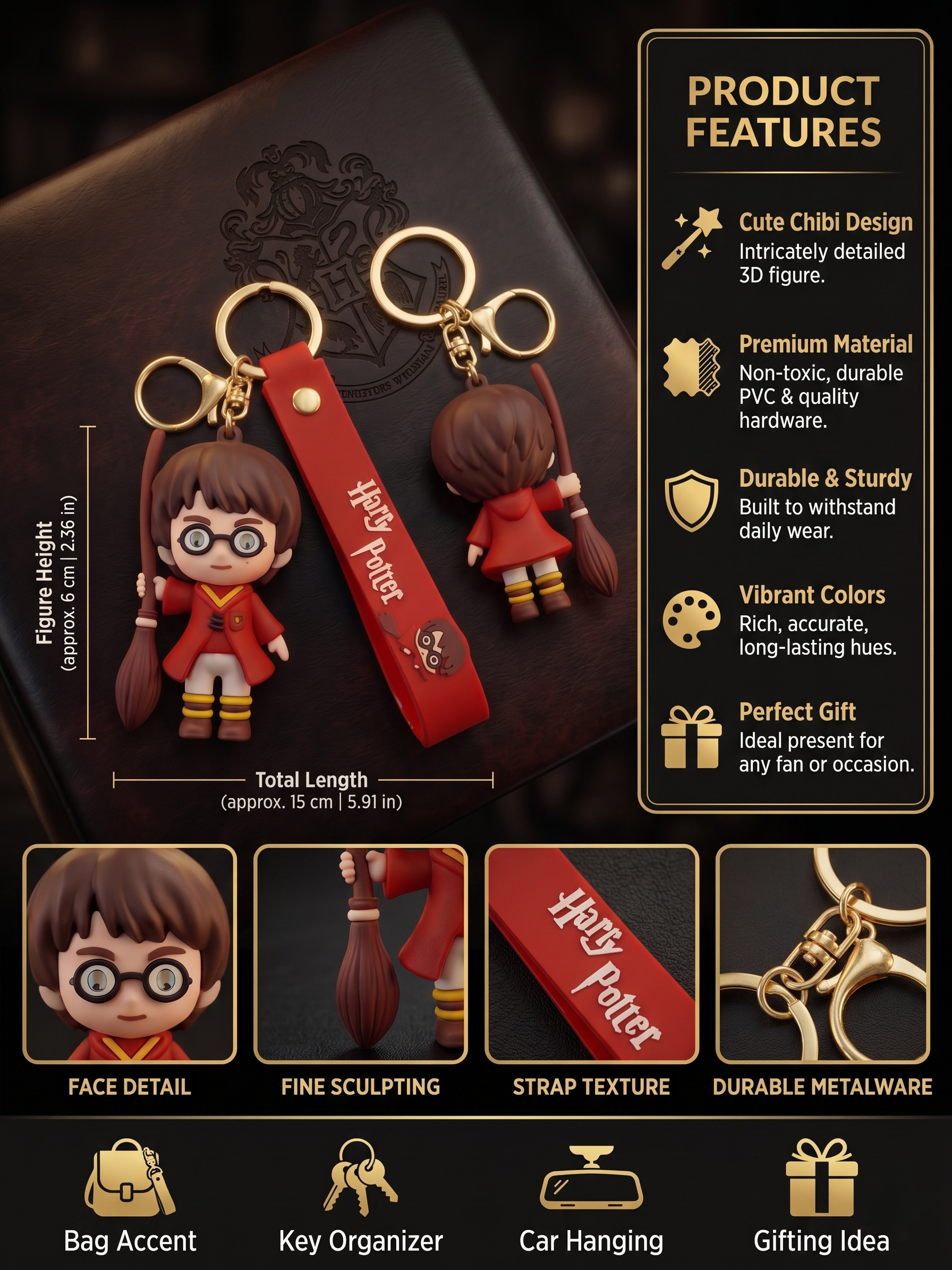 Harry Potter Broom Keychain | Cute Chibi Wizard Character PVC Charm Key Ring with Red Strap & Broom Design | Bag Accessory, Key Organizer, Car Hanging & Gift for Fans