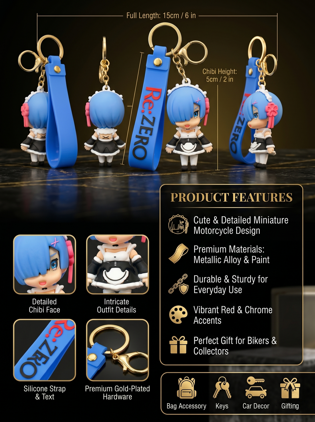 Re Rem Character Keychain | Cute Chibi Anime PVC Figurine Charm with Blue Silicone Strap & Metal Key Ring | Backpack Charm, Keys, Car Hanging & Gifting