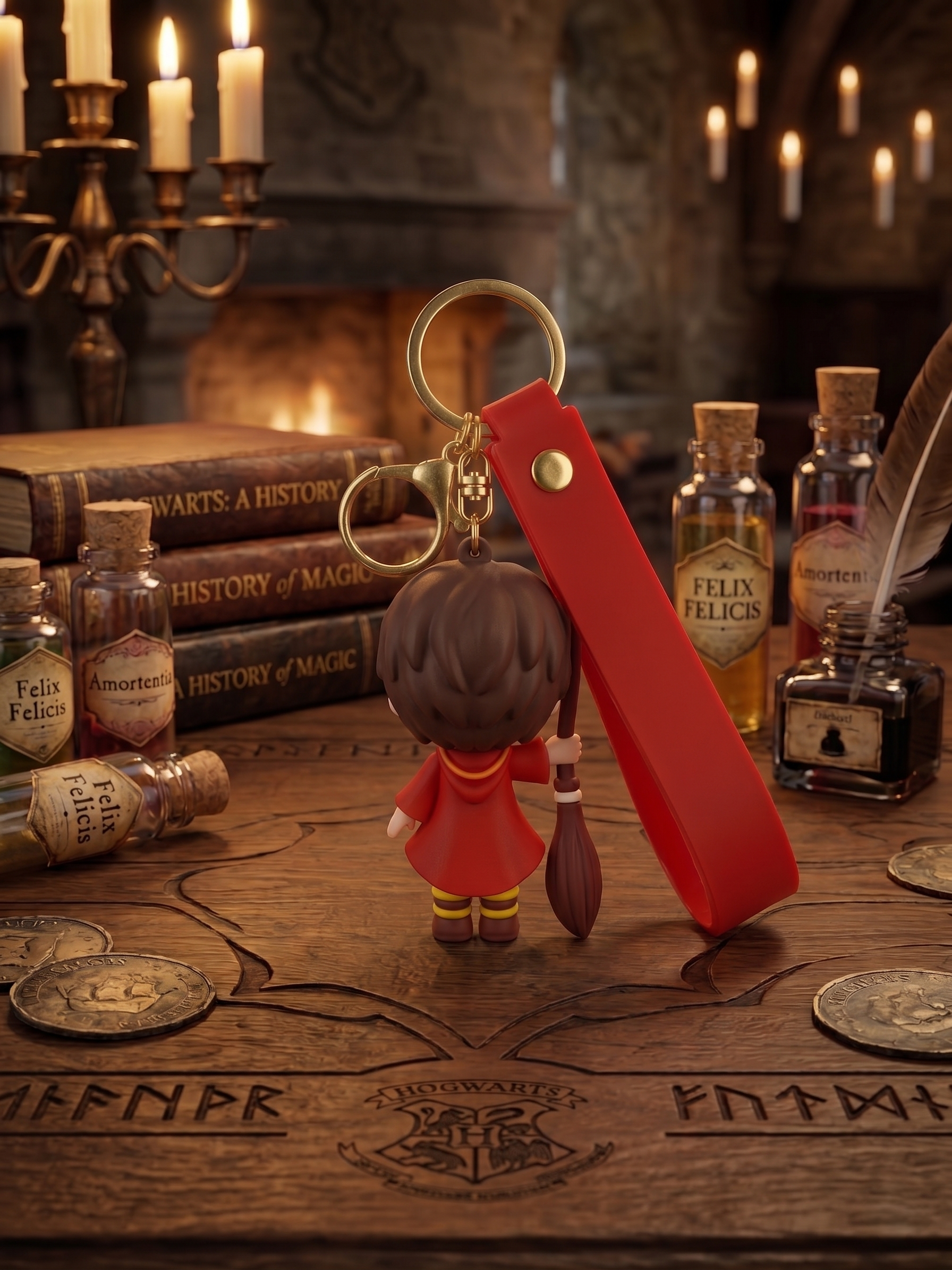 Harry Potter Broom Keychain | Cute Chibi Wizard Character PVC Charm Key Ring with Red Strap & Broom Design | Bag Accessory, Key Organizer, Car Hanging & Gift for Fans
