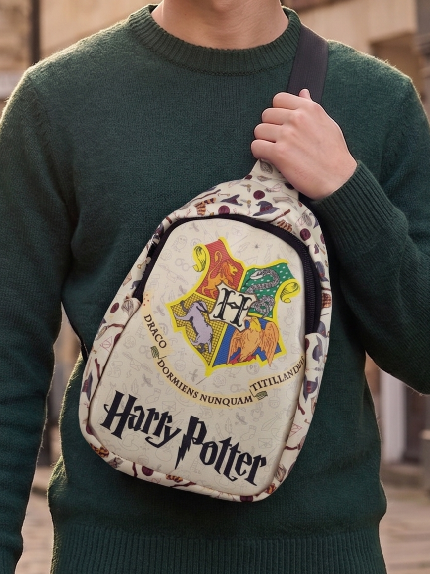 Harry Potter Hogwarts Sling Bag for Kids | White Wizard Theme Crossbody Chest Bag with Hogwarts Crest Print, Adjustable Strap & Spacious Compartment | School, Travel, Day Out & Gift Bag