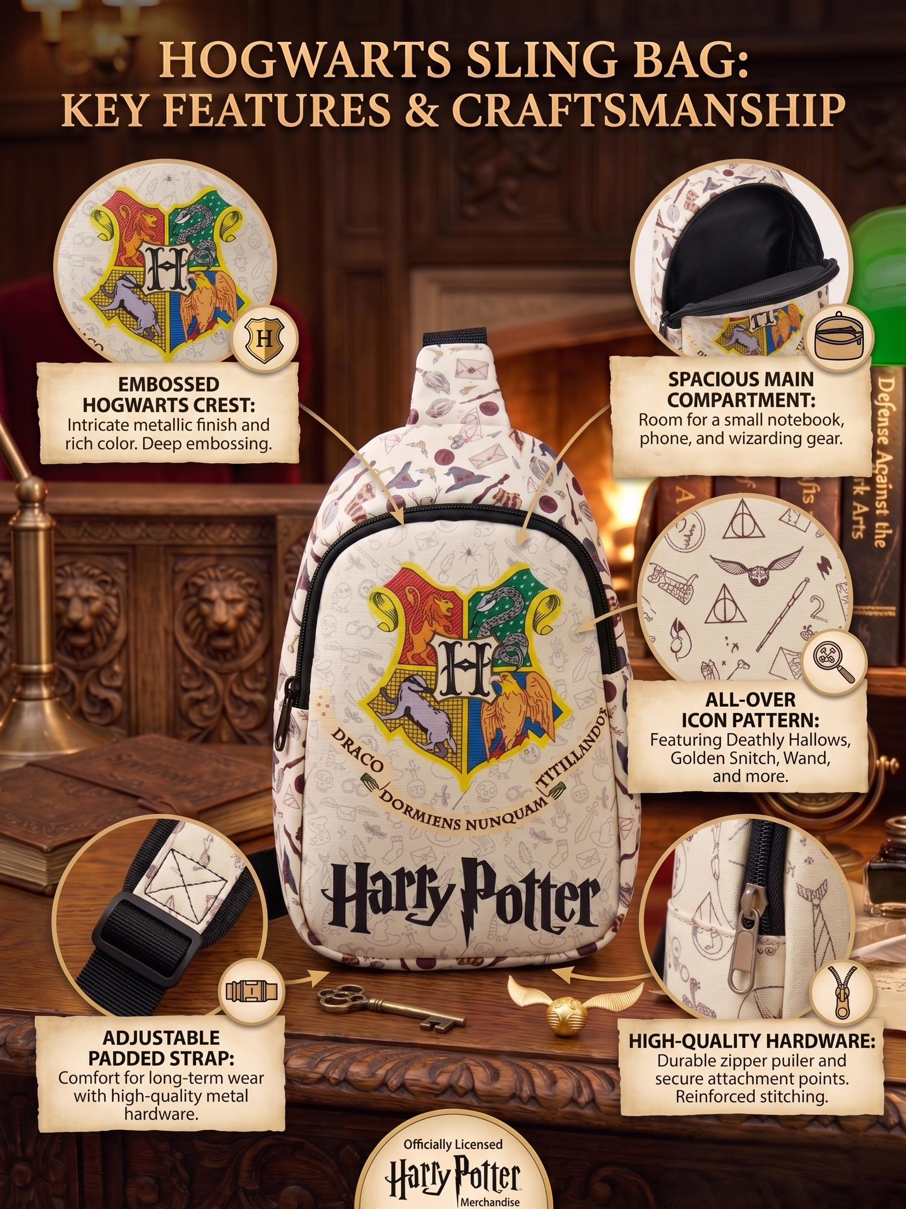 Harry Potter Hogwarts Sling Bag for Kids | White Wizard Theme Crossbody Chest Bag with Hogwarts Crest Print, Adjustable Strap & Spacious Compartment | School, Travel, Day Out & Gift Bag