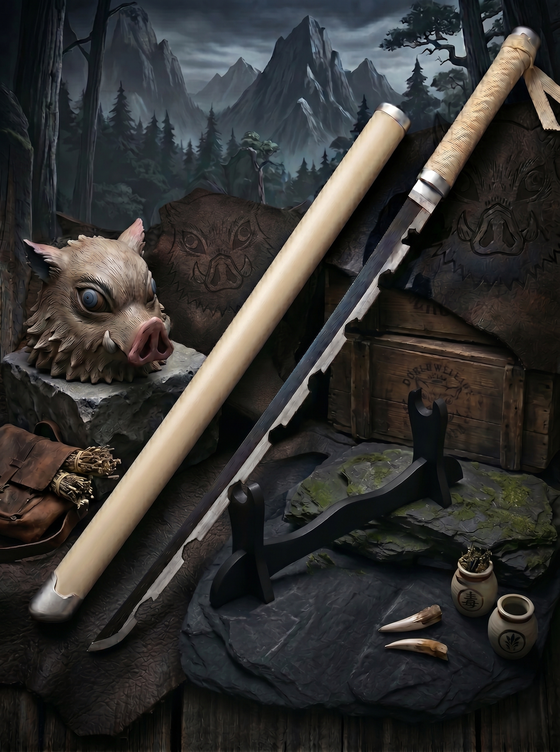 Demon Slayer Inosuke Wooden Katana 41 Inch | Beast Hashira Inspired Anime Samurai Sword Prop with Stand | Decorative Cosplay Collectible for Anime Fans