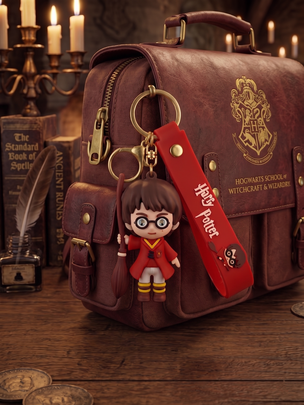 Harry Potter Broom Keychain | Cute Chibi Wizard Character PVC Charm Key Ring with Red Strap & Broom Design | Bag Accessory, Key Organizer, Car Hanging & Gift for Fans