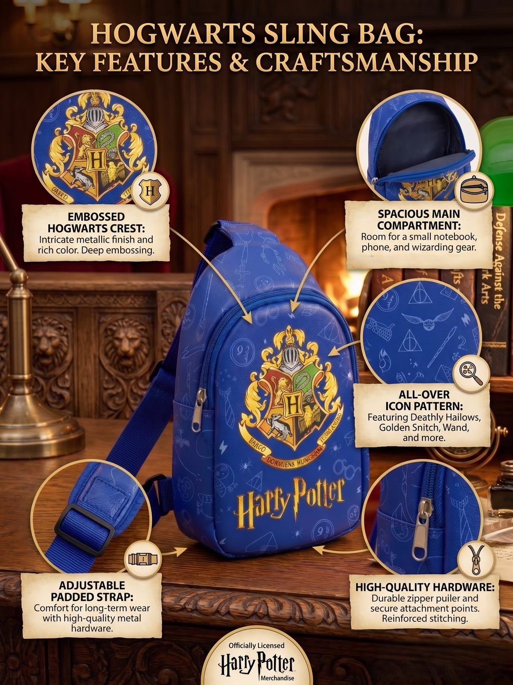 Harry Potter Hogwarts Sling Bag for Kids | Blue Crossbody Chest Bag with Hogwarts Crest Print, Adjustable Padded Strap & Spacious Compartment | School, Travel, Day Out & Gift Bag