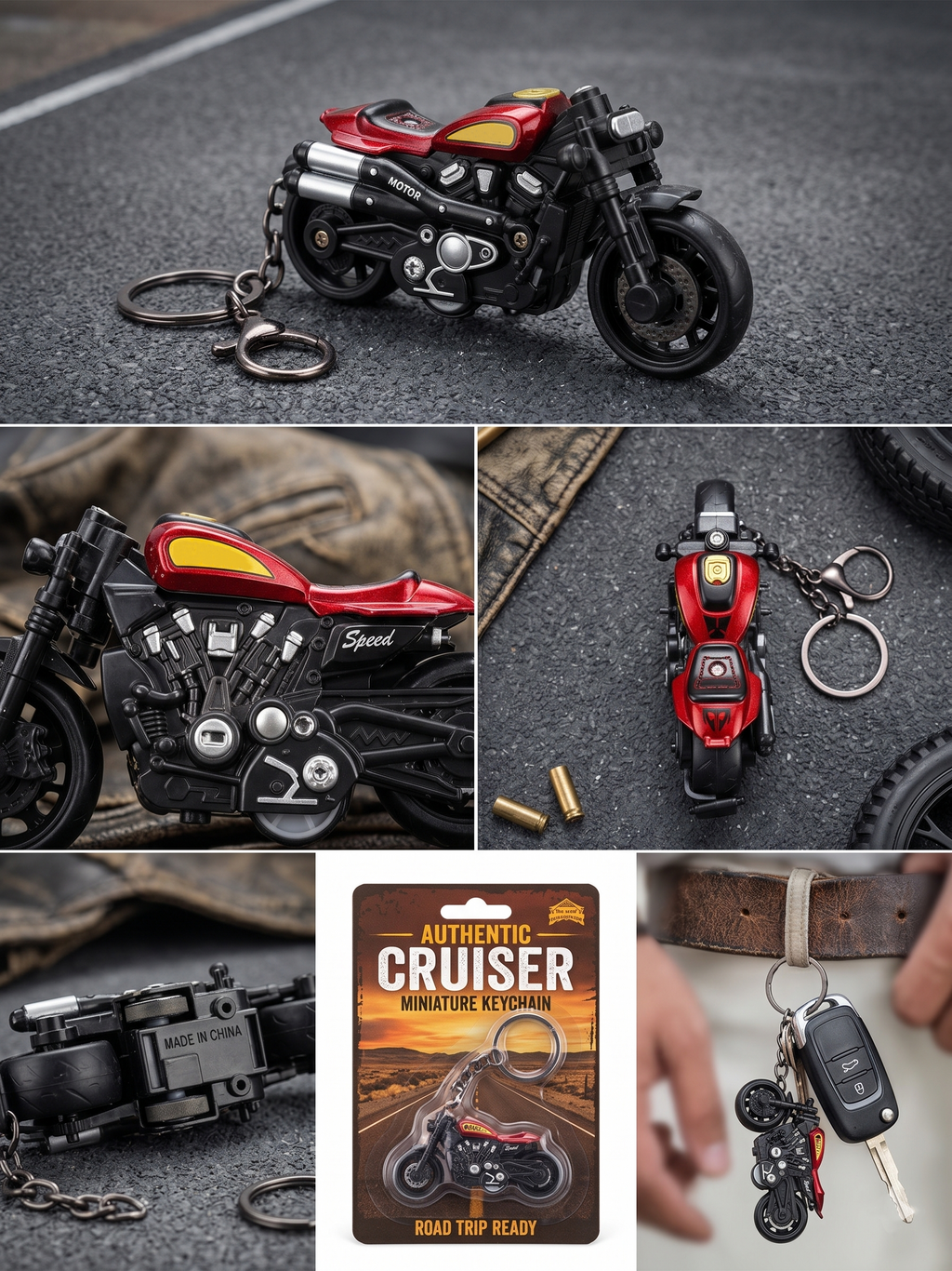 Harley Bike Keychain | Red Cruiser Motorcycle Miniature Keyring for Men | Metal Alloy Bike Model Key Chain with Sturdy Chain & Clasp | Biker Gift, Car Key Holder, Bag Charm & Collectible Accessory