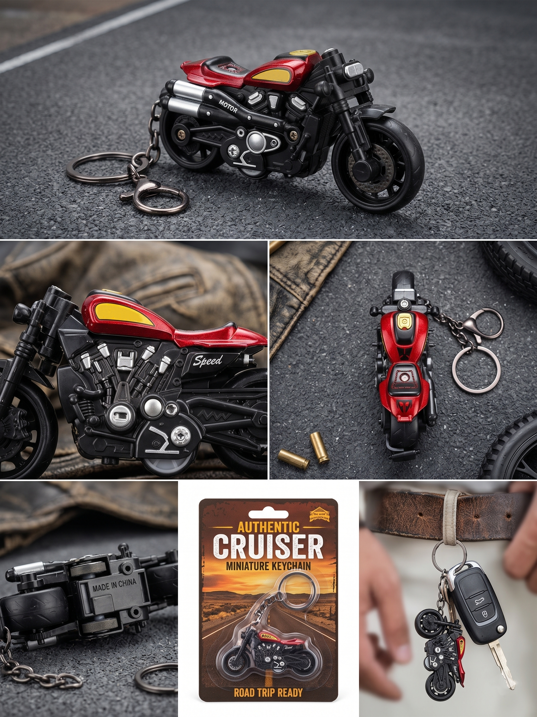 Harley Bike Keychain | Red Cruiser Motorcycle Miniature Keyring for Men | Metal Alloy Bike Model Key Chain with Sturdy Chain & Clasp | Biker Gift, Car Key Holder, Bag Charm & Collectible Accessory