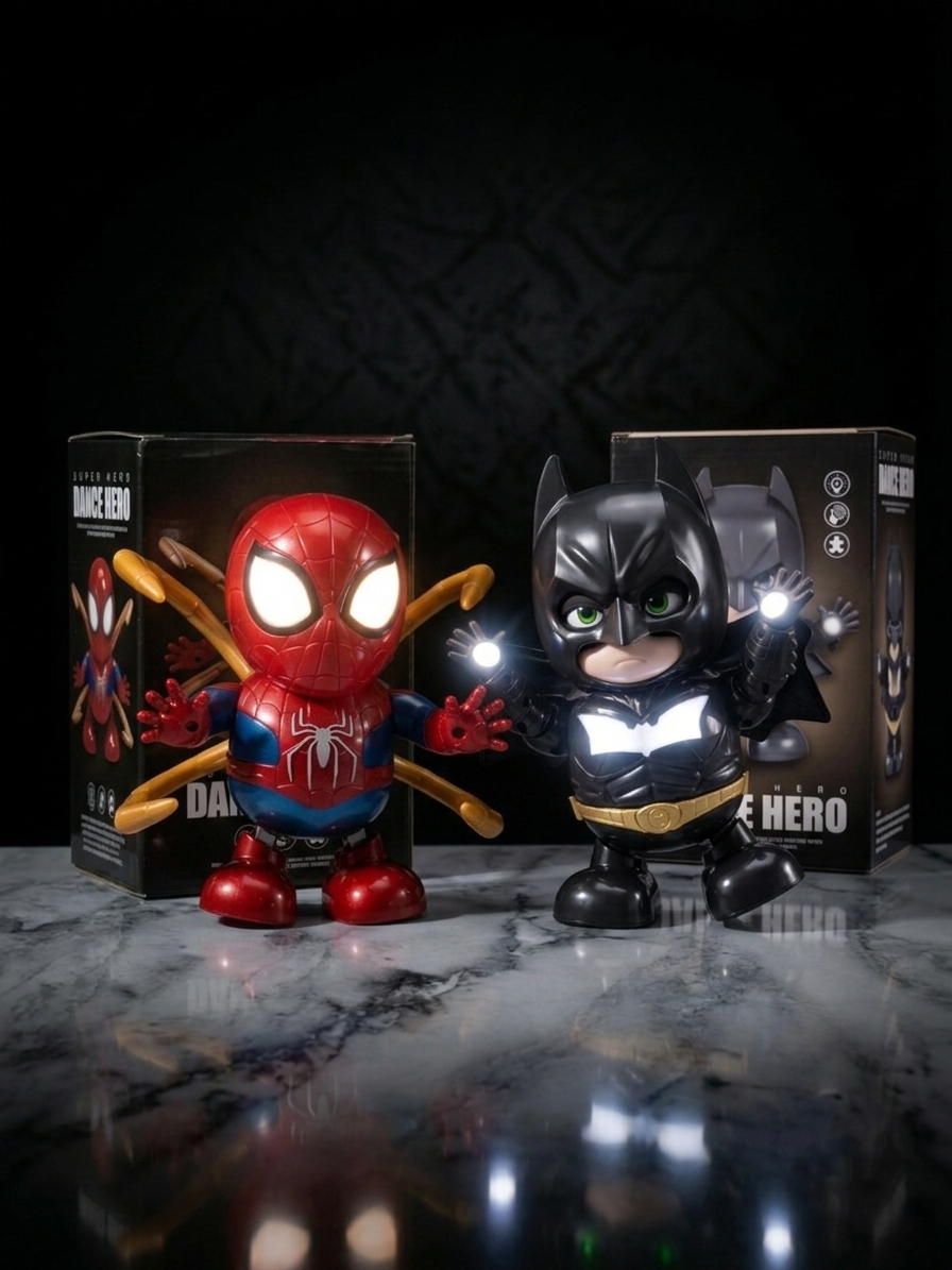 (Pack of 2) Spider-Man & Batman Dance Hero Figures Combo | Interactive LED Light & Music Dancing Superhero Toys with 360° Movement | Cute Chibi Action Figures for Kids, Desk Decor & Gifting