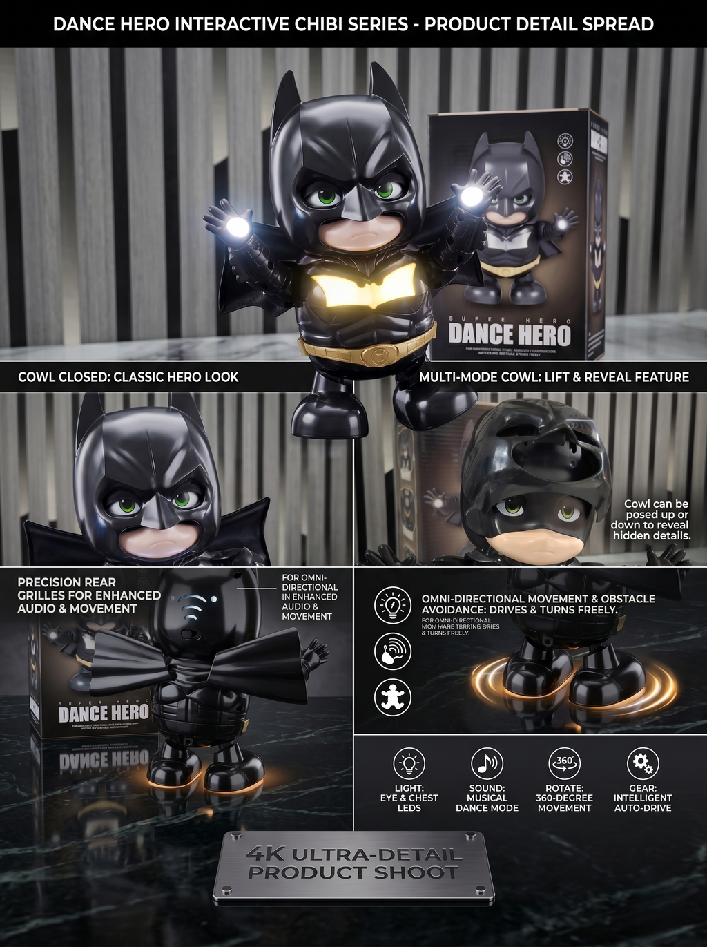 Batman Dance Hero Interactive Chibi Toy | LED Light &amp; Music Dancing Figure with 360° Rotating Movement | Cute Batman Action Figure Toy for Kids, Desk Decor, Birthday Gift &amp; Collectors